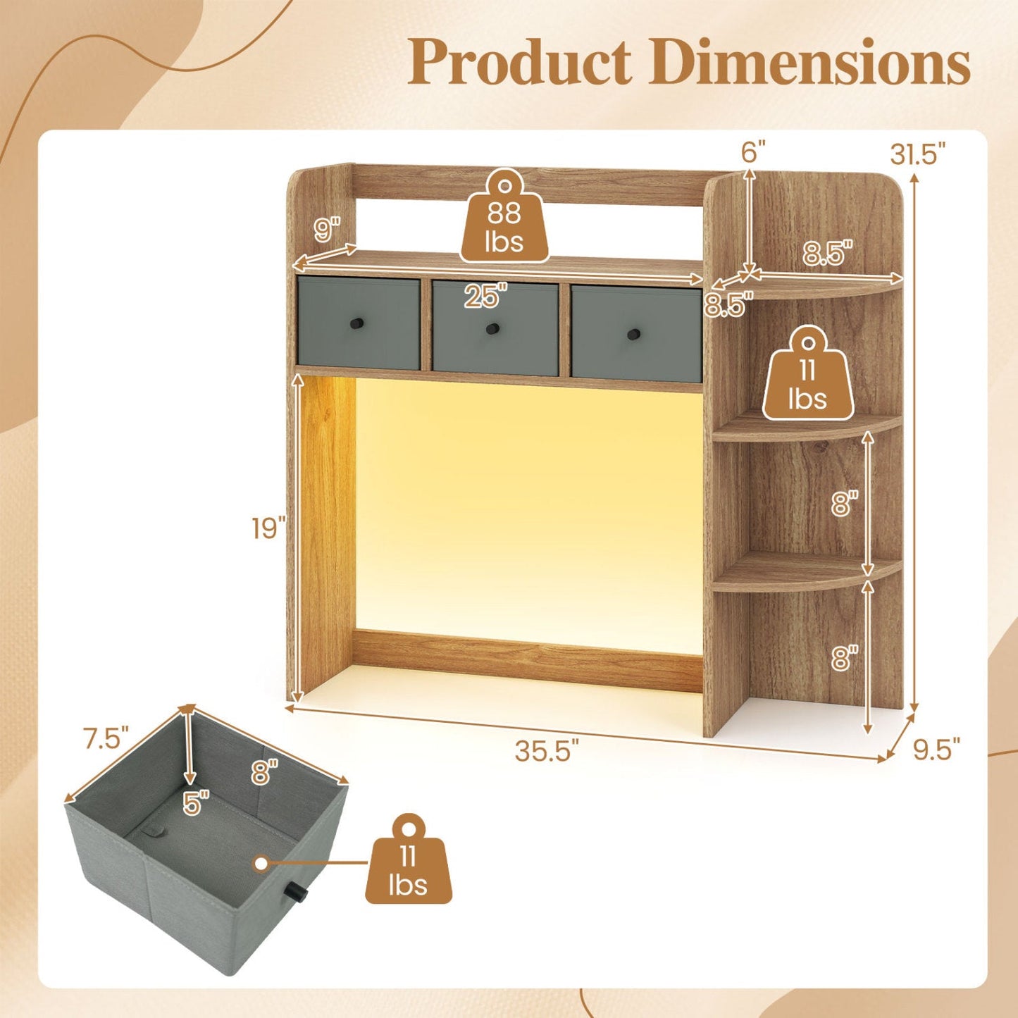 Desktop bookshelf with LED lights, 5-tier storage and 3 gray drawers in oak by DirectDeals on Tampa Home & Garden Store