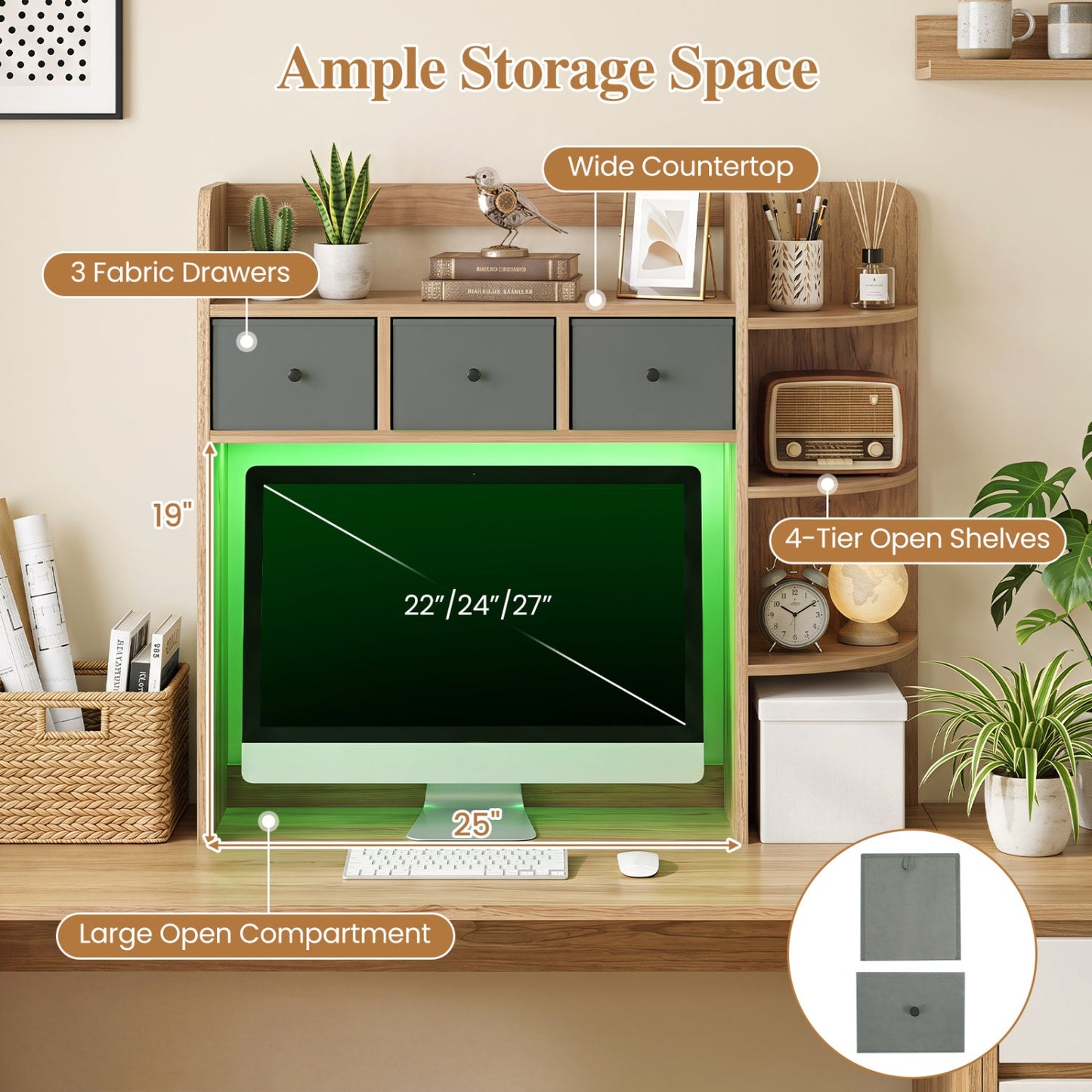 Desktop Bookshelf with LED Lights, 5-tier storage and 3 fabric drawers DirectDeals on Tampa Home & Garden Store