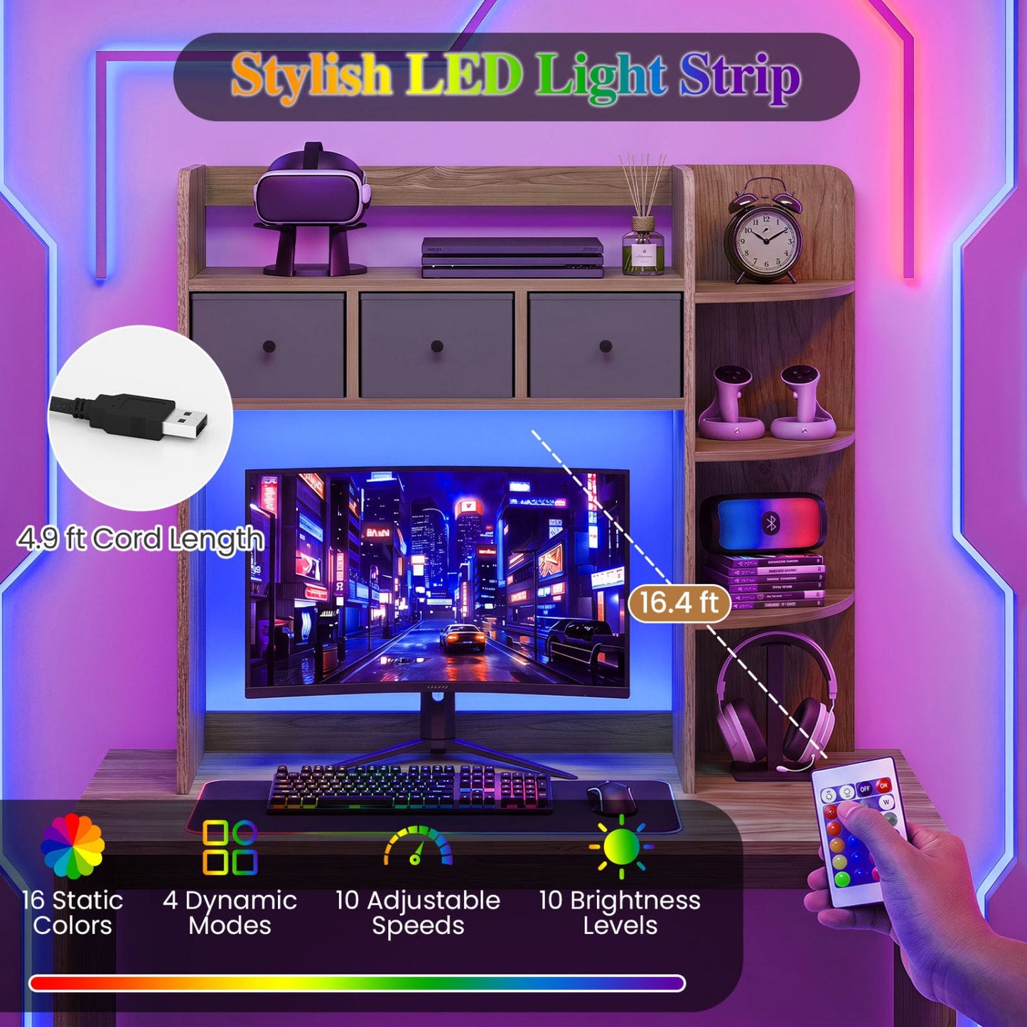 Desktop Bookshelf with LED lights, 5-tier storage & 3 drawers by DirectDeals, purple backlight on Tampa Home & Garden Store