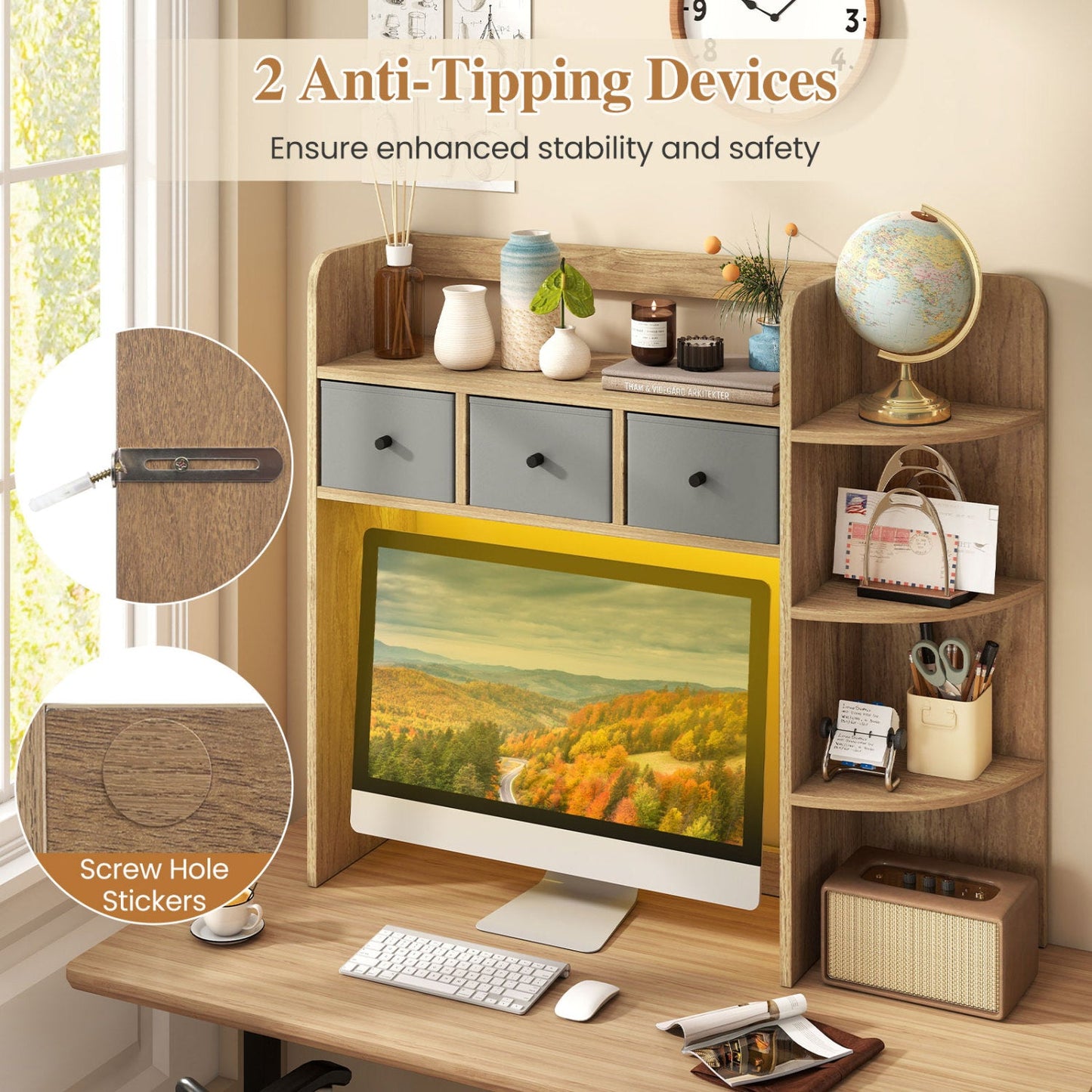 Desktop Bookshelf with 5-Tier storage and 3 gray drawers in oak on Tampa Home & Garden Store