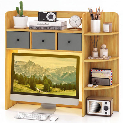 Desktop bookshelf with LED lights, 5-tier storage and 3 gray drawers in natural wood finish on Tampa Home & Garden Store