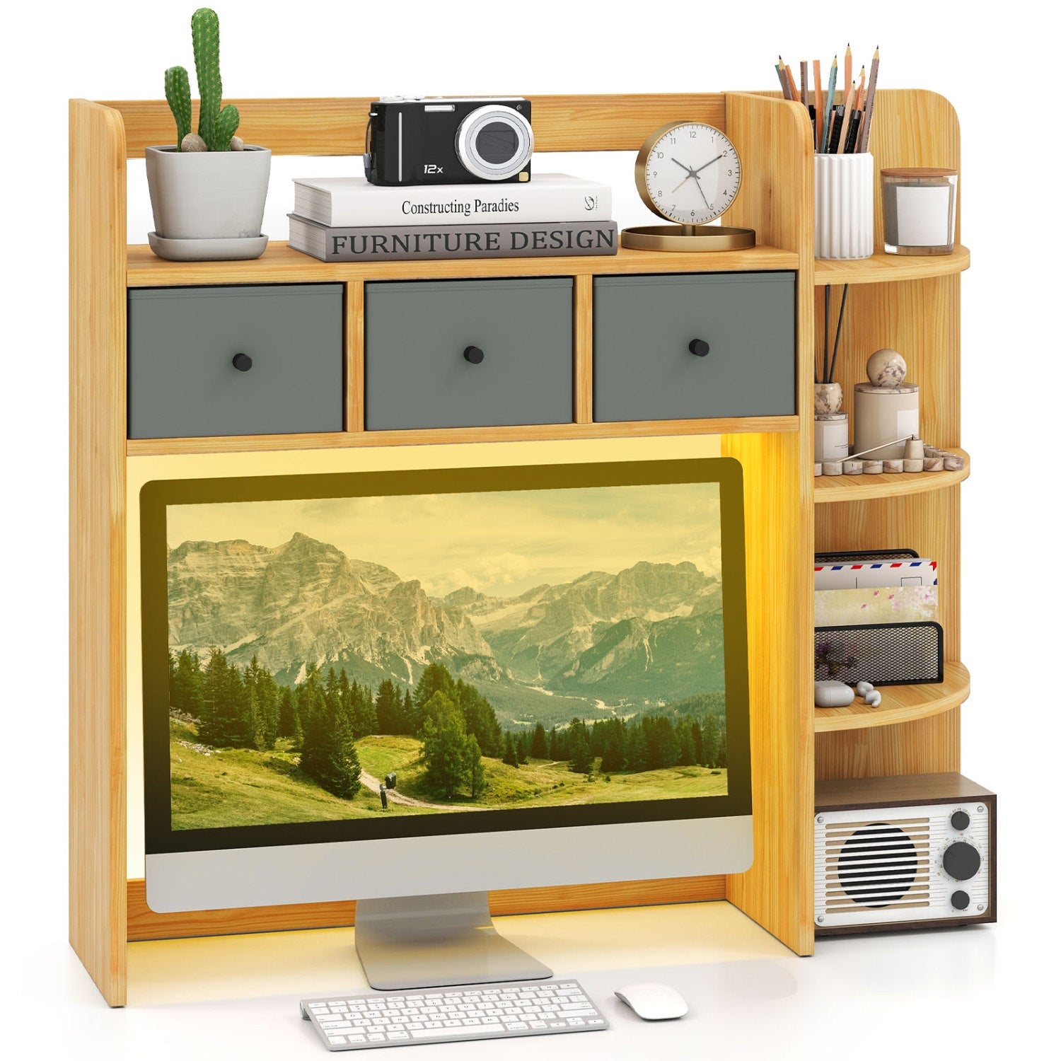 Desktop bookshelf with LED lights by DirectDeals, 5-tier storage and 3 gray drawers on Tampa Home & Garden Store