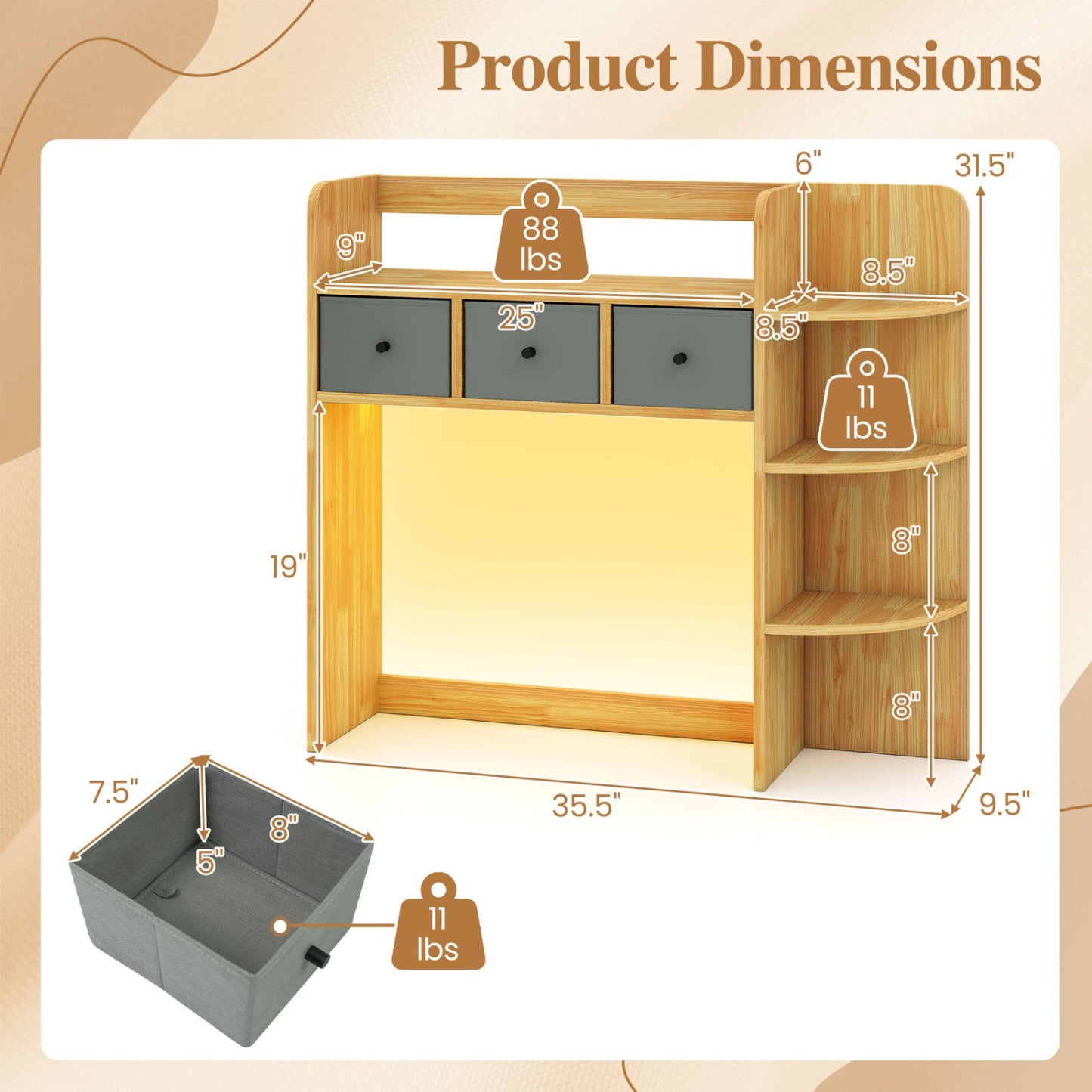 Desktop bookshelf with LED lighting, 5-tier storage and 3 gray drawers by DirectDeals on Tampa Home & Garden Store