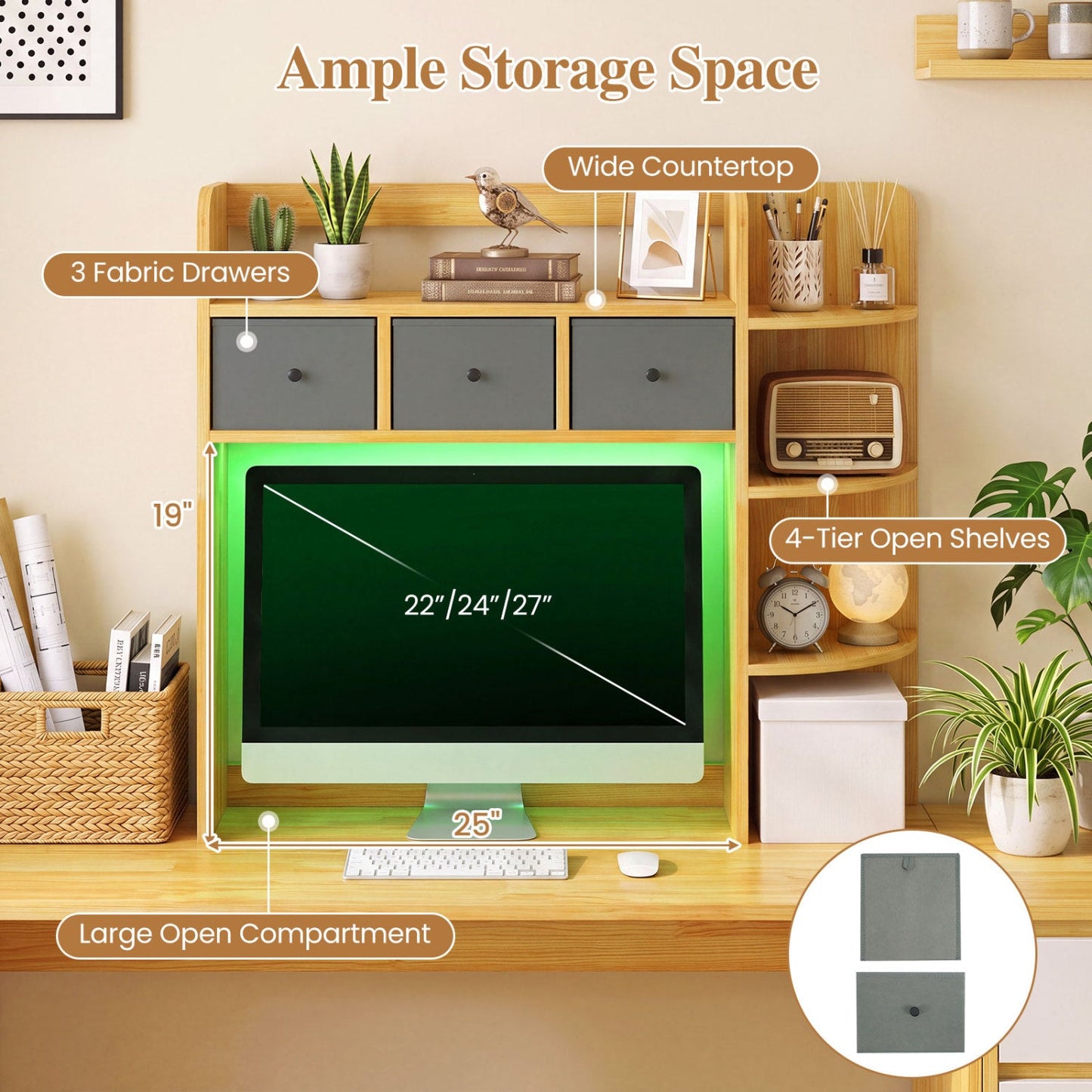 Desktop bookshelf with LED lights, 5-tier storage and 3 fabric drawers, DirectDeals on Tampa Home & Garden Store