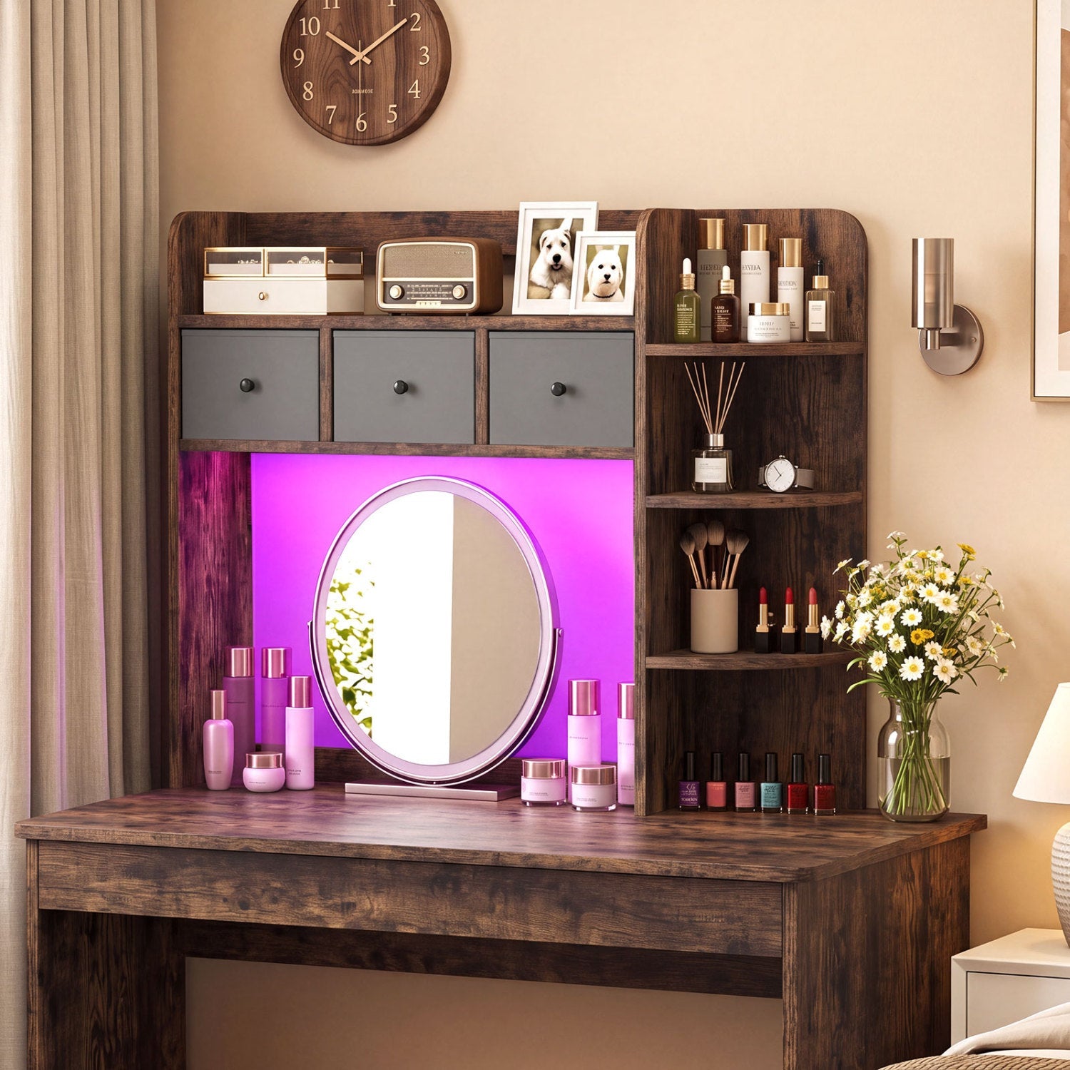 Desktop Bookshelf with LED Lights in dark wood finish with 5 tiers and 3 drawers on Tampa Home & Garden Store