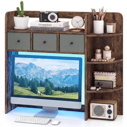 Desktop Bookshelf with LED Lights by DirectDeals; brown wood finish with 3 grey drawers on Tampa Home & Garden Store