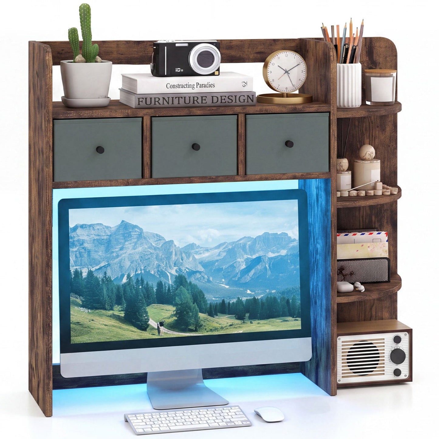 Desktop Bookshelf with LED Lights, dark wood frame and gray 3-drawer fronts DirectDeals on Tampa Home & Garden Store