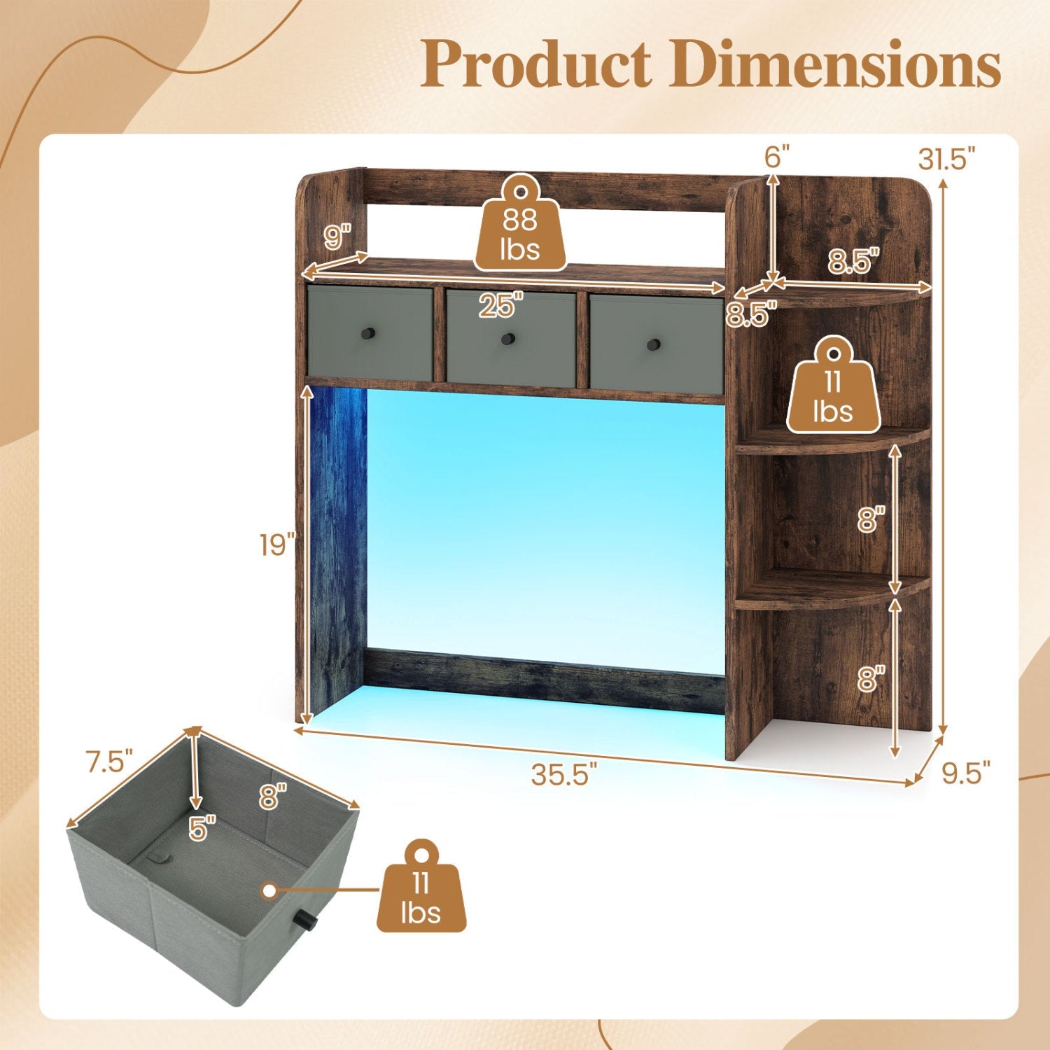 Desktop bookshelf with LED lights, dark wood, 5-tier storage and 3 gray drawers DirectDeals on Tampa Home & Garden Store