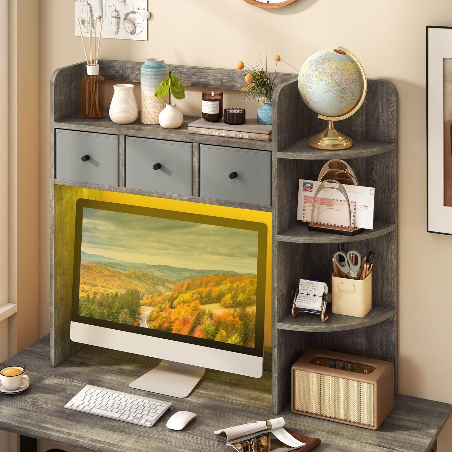 Desktop bookshelf with gray wood finish, 5-tier storage and 3 drawers with globe decor on Tampa Home & Garden Store