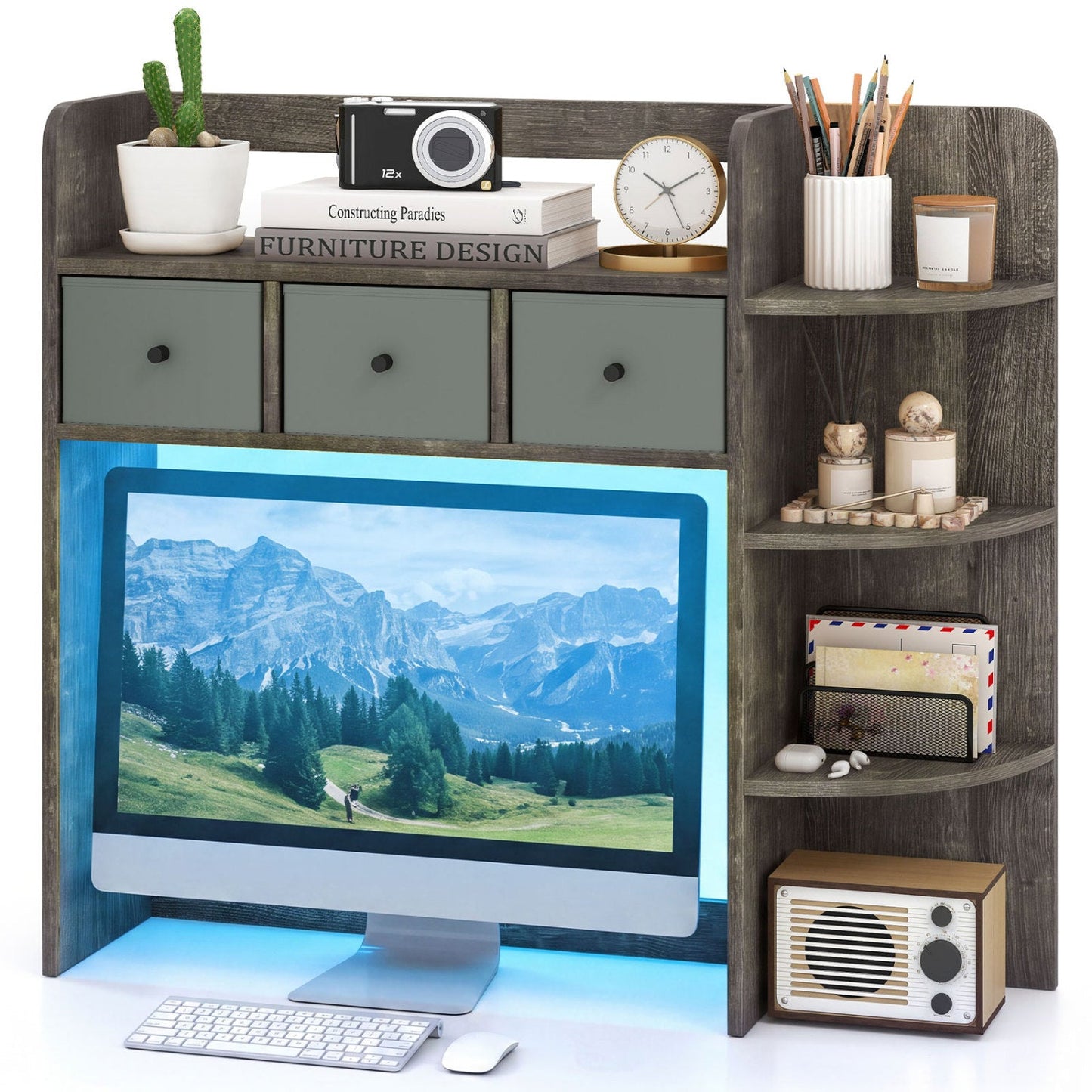 Desktop Bookshelf with LED Lights by DirectDeals, 5-tier storage and 3 grey drawers on Tampa Home & Garden Store