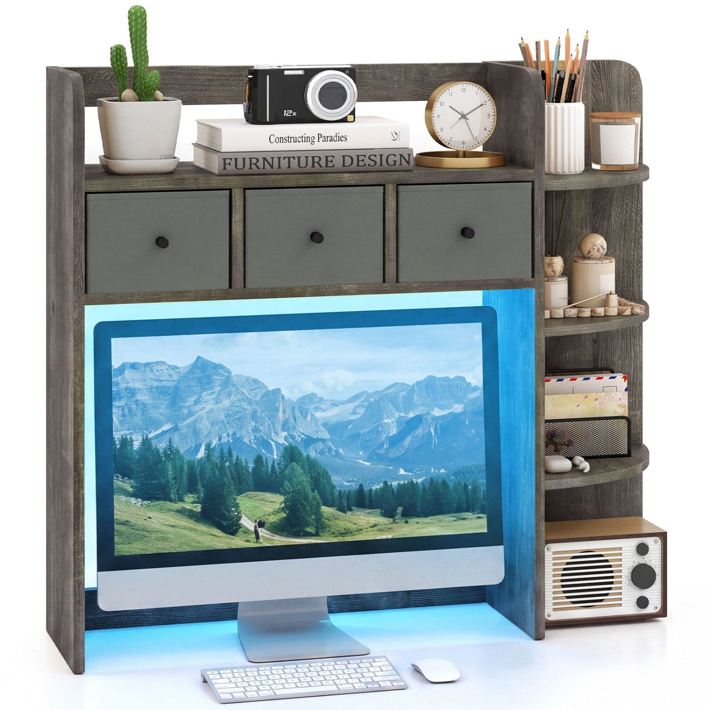 Desktop Bookshelf with LED Lights, 5-tier 3 gray drawers in dark wood blue glow DirectDeals on Tampa Home & Garden Store