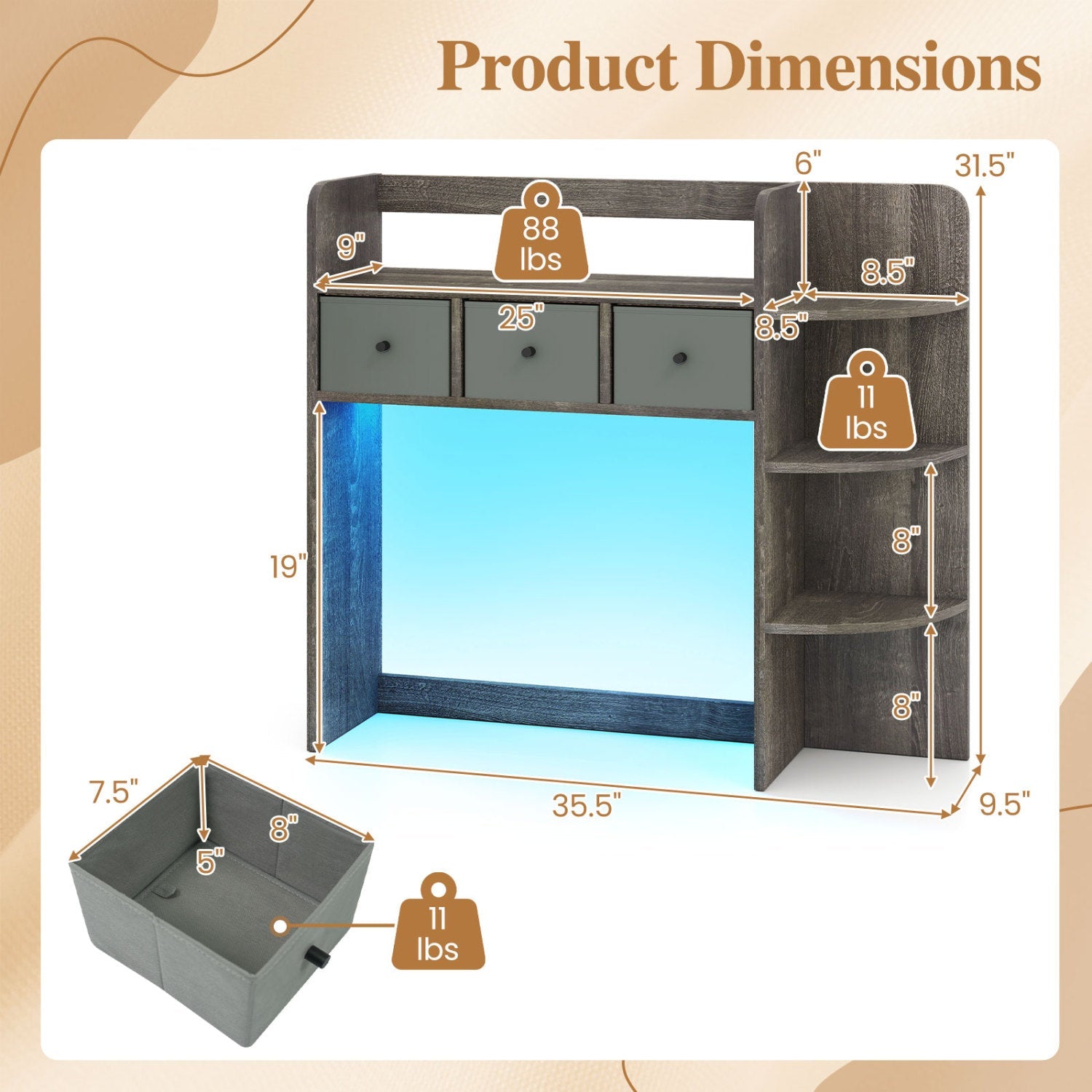 Desktop Bookshelf with LED Lights, 5-tier storage and 3 drawers in dark wood finish DirectDeals on Tampa Home & Garden Store