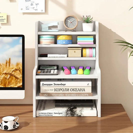 6-tier desk organizer in light gray wood finish by DirectDeals, with shelves, clock and plant on Tampa Home & Garden Store