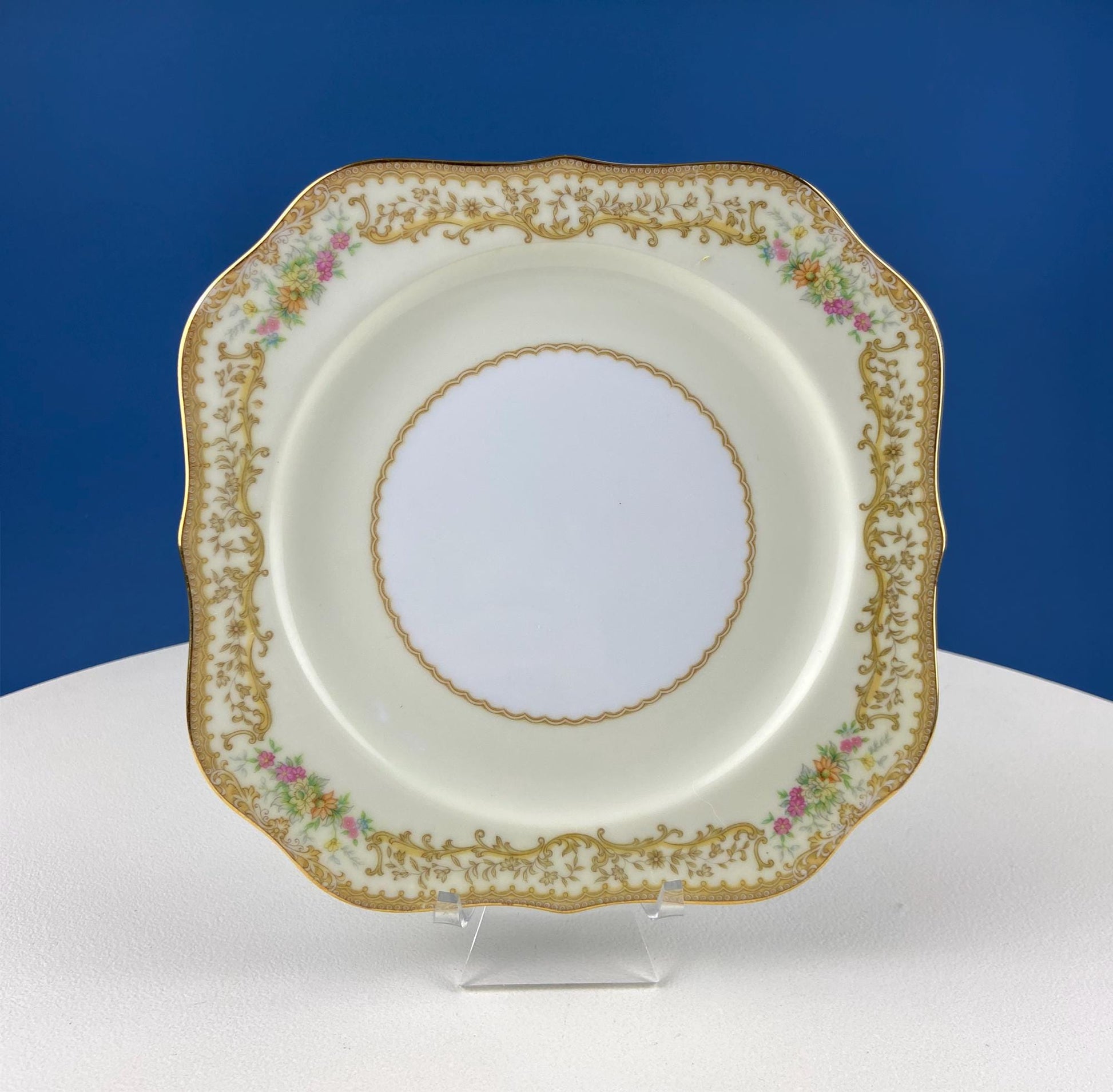 Dessert Salad Plates by Noritake, Elvira Pattern. 5 Porcelain Square Plates with Gold Garland Motifs. Hosting Essentials. Dining Room Decor. - Tampa Home & Garden Store