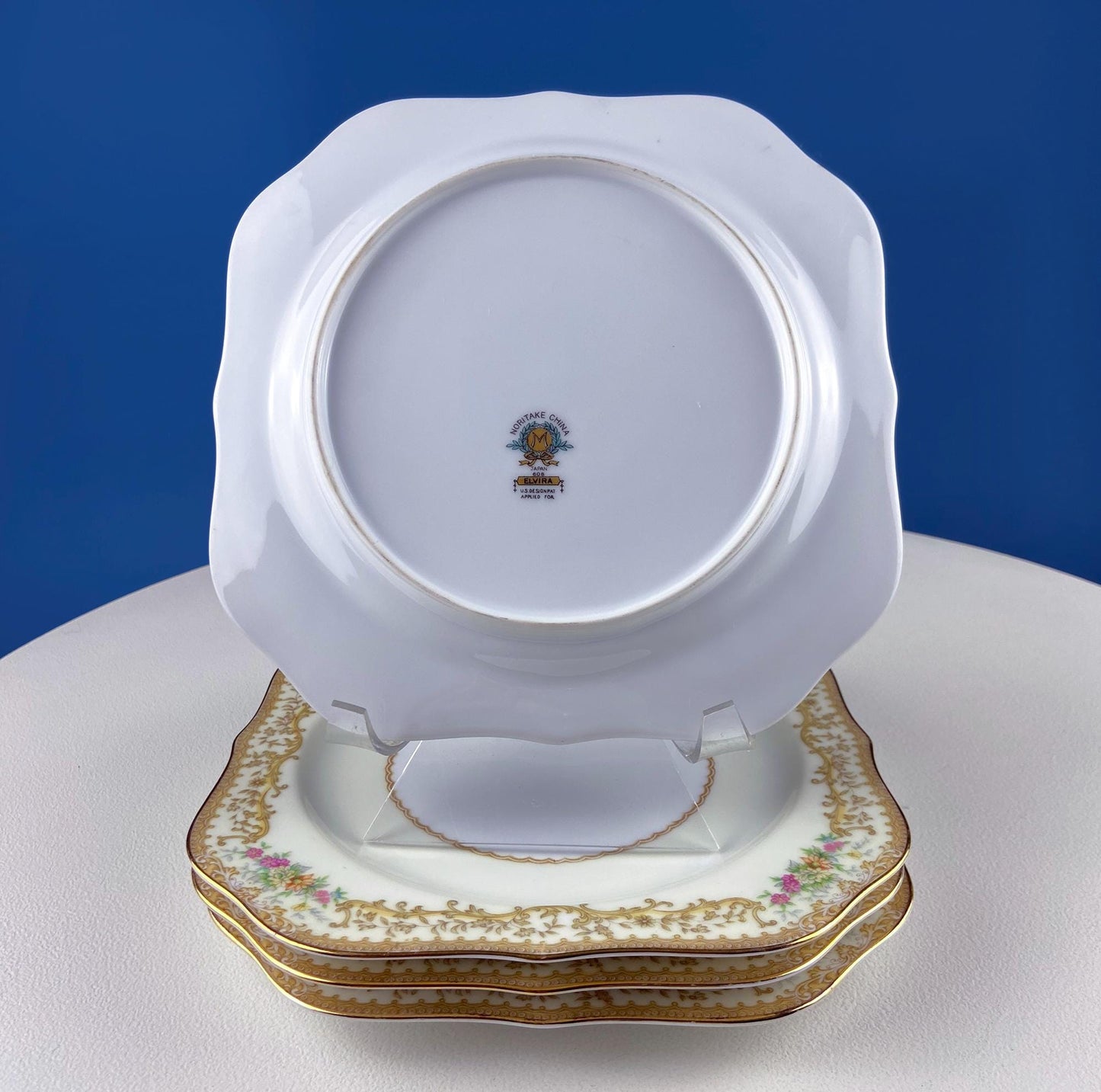 Dessert Salad Plates by Noritake, Elvira Pattern. 5 Porcelain Square Plates with Gold Garland Motifs. Hosting Essentials. Dining Room Decor. - Tampa Home & Garden Store