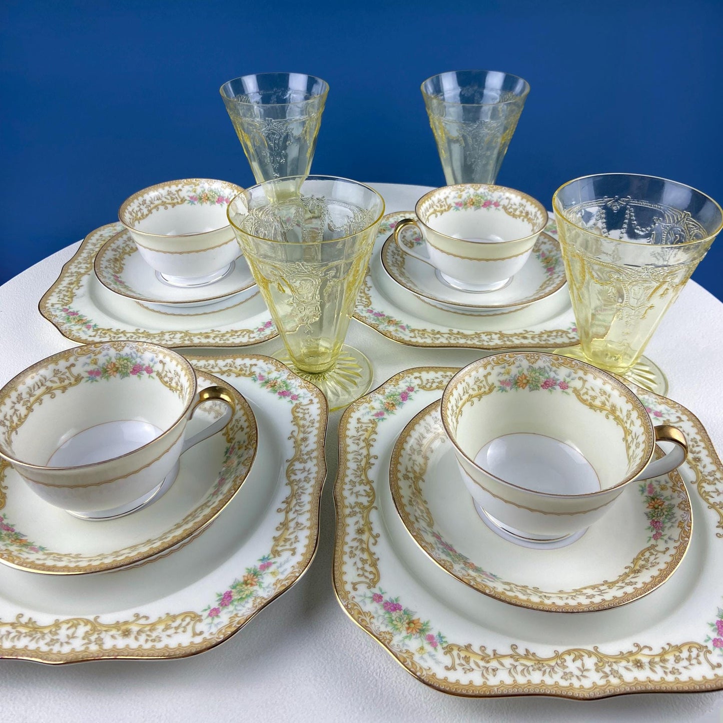 Dessert Salad Plates by Noritake, Elvira Pattern. 5 Porcelain Square Plates with Gold Garland Motifs. Hosting Essentials. Dining Room Decor. - Tampa Home & Garden Store
