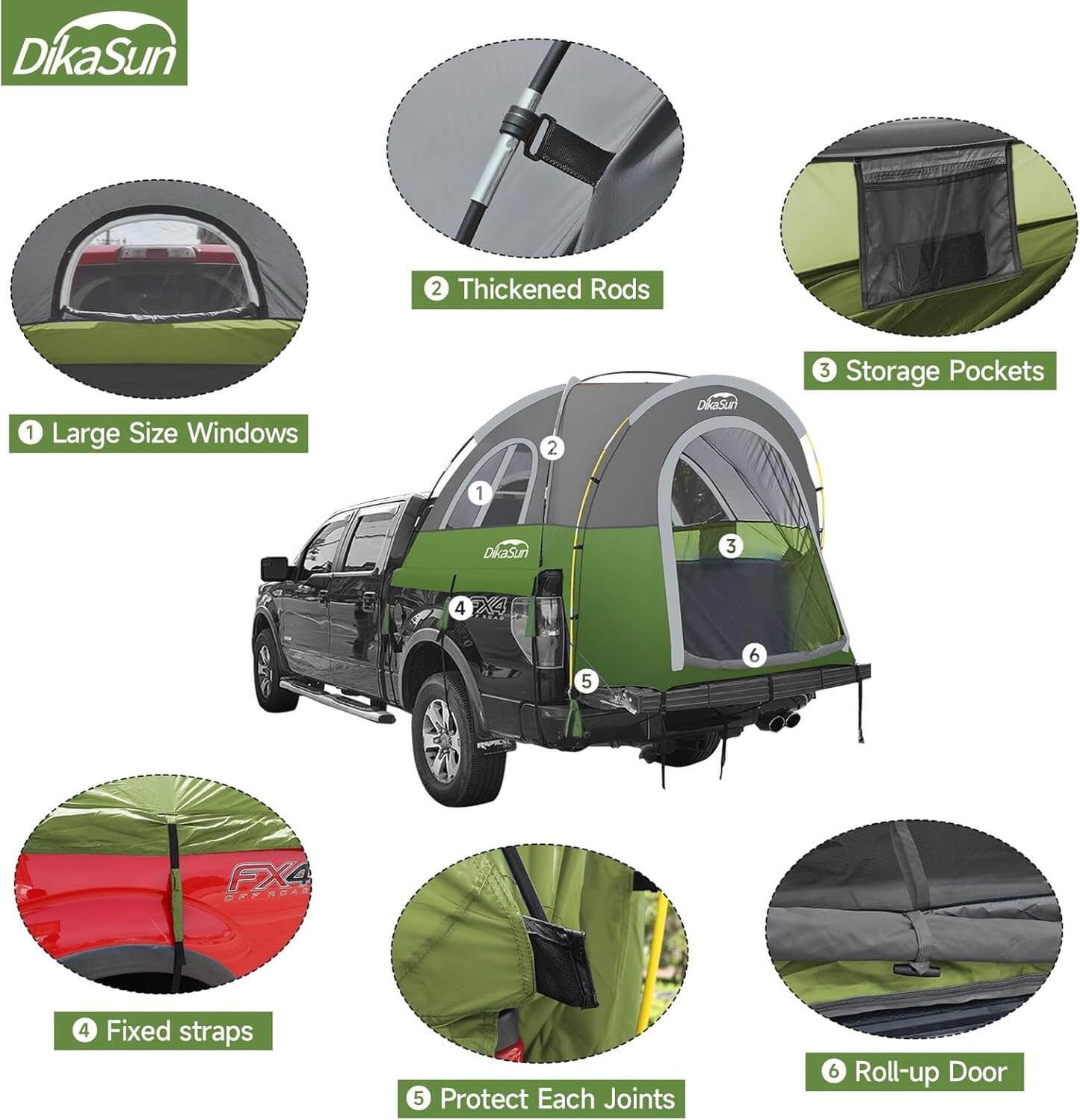 Dikasun green truck bed tent 5.5-6.7ft with large windows, thickened rods, pockets on Tampa Home & Garden Store