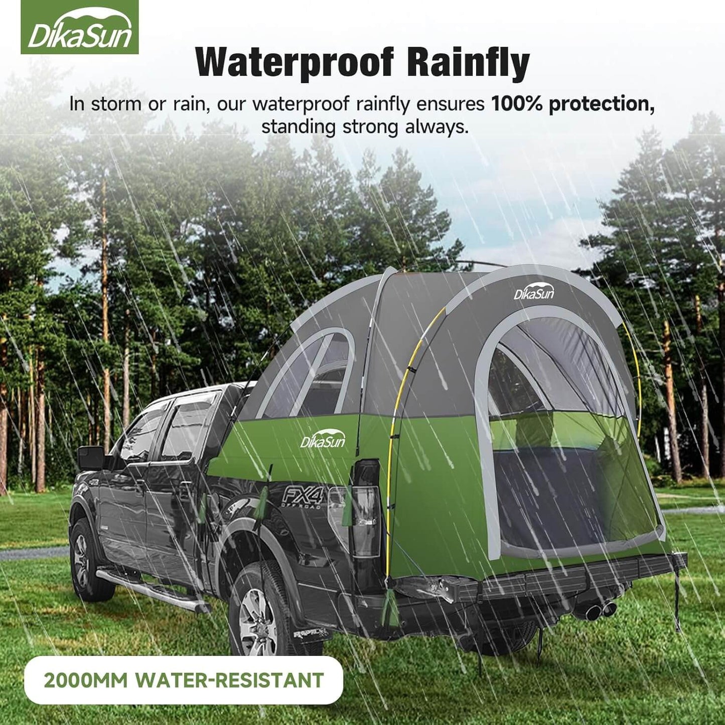 Pickup truck bed tent by Dikasun Outdoor, 5.5–6.7ft, green/gray with waterproof rainfly on Tampa Home & Garden Store