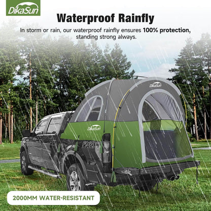 Pickup truck bed tent by Dikasun Outdoor, 5.5–6.7ft, green/gray with waterproof rainfly on Tampa Home & Garden Store
