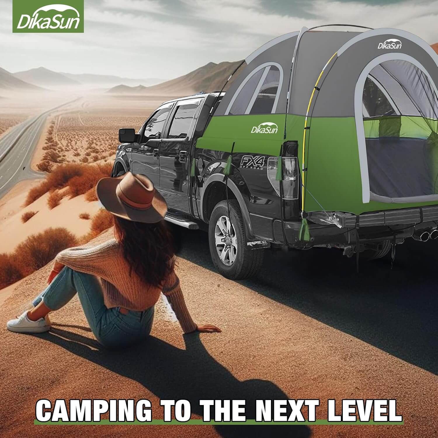 5.5-6.7ft portable pickup truck bed tent green/gray by Dikasun Outdoor, pitched over the truck bed on Tampa Home & Garden Store