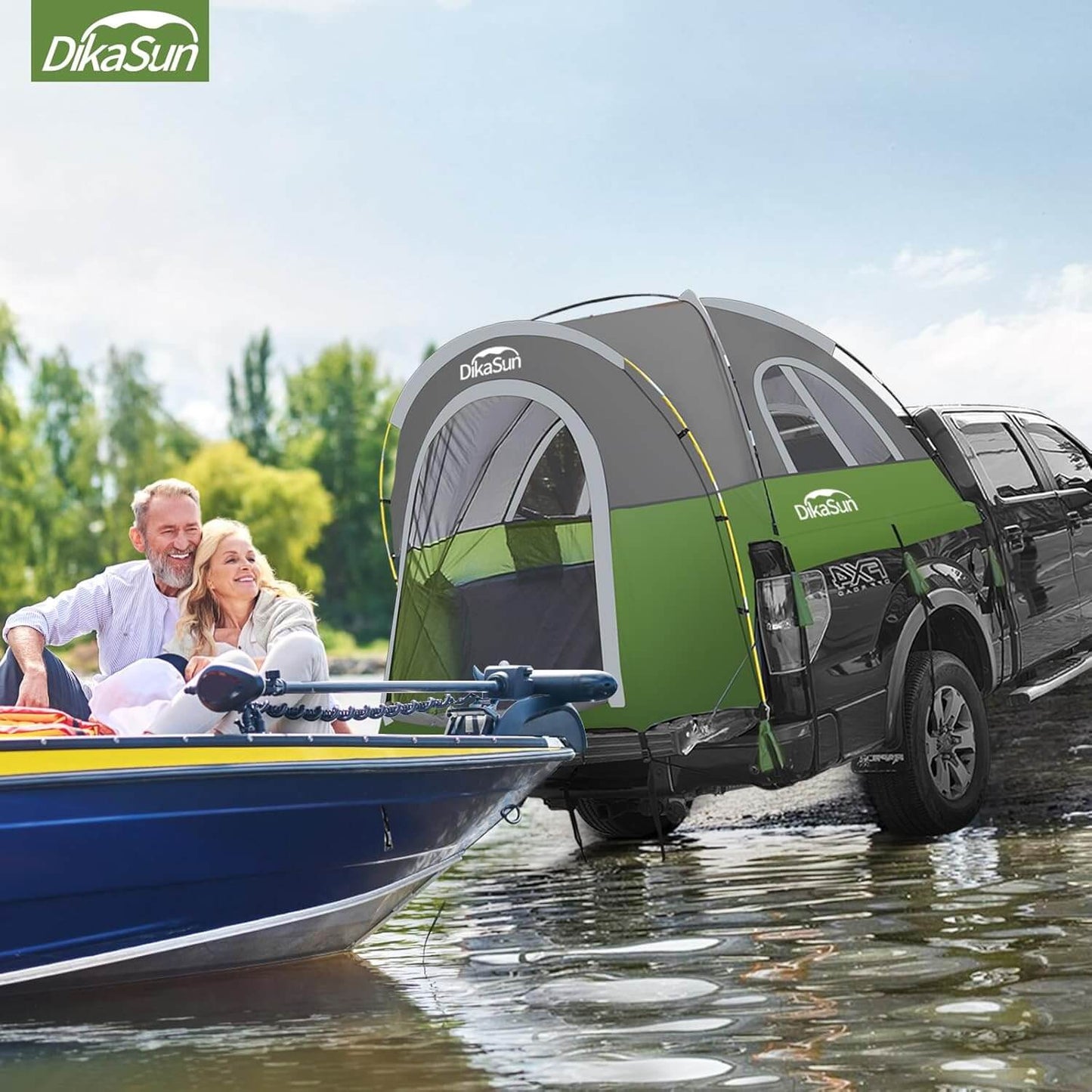 5.5-6.7ft Green Dikasun Outdoor pickup bed tent, portable with gray trim on Tampa Home & Garden Store