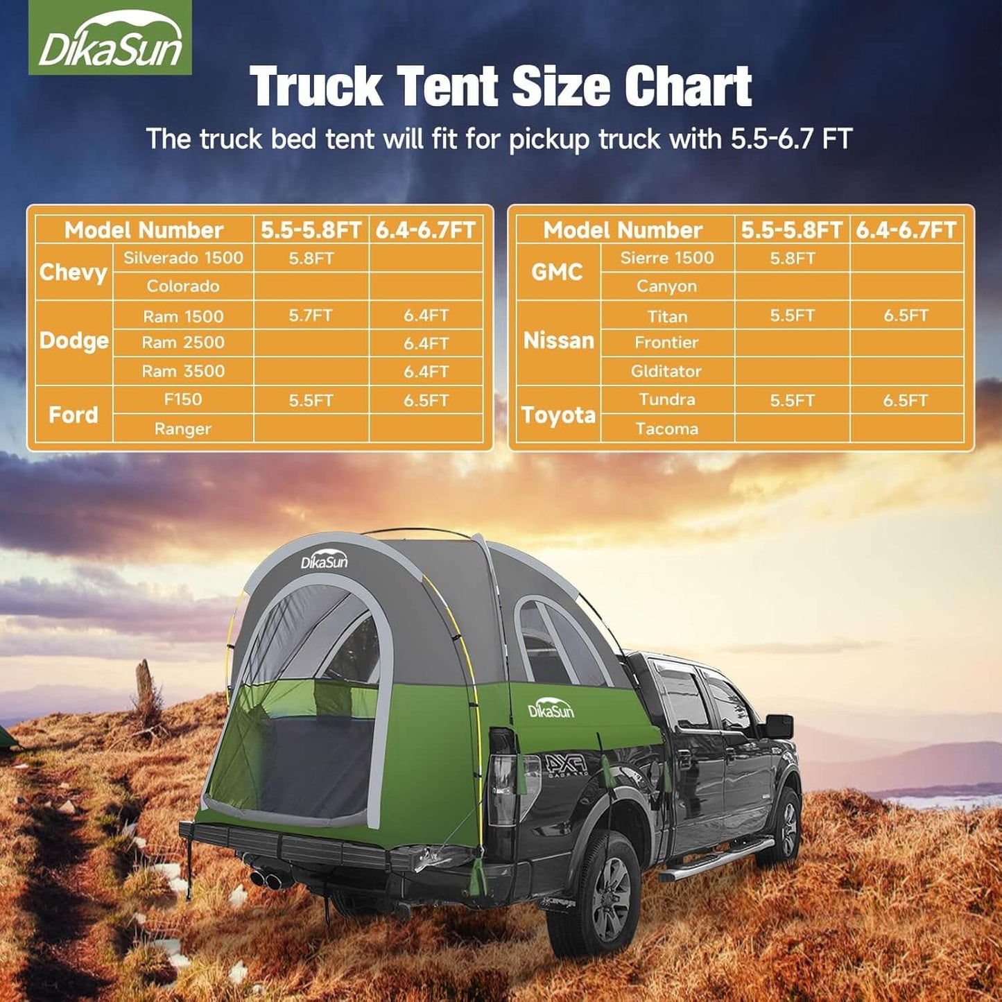 Portable pickup bed tent 5.5-6.7ft green by Dikasun Outdoor on Tampa Home & Garden Store