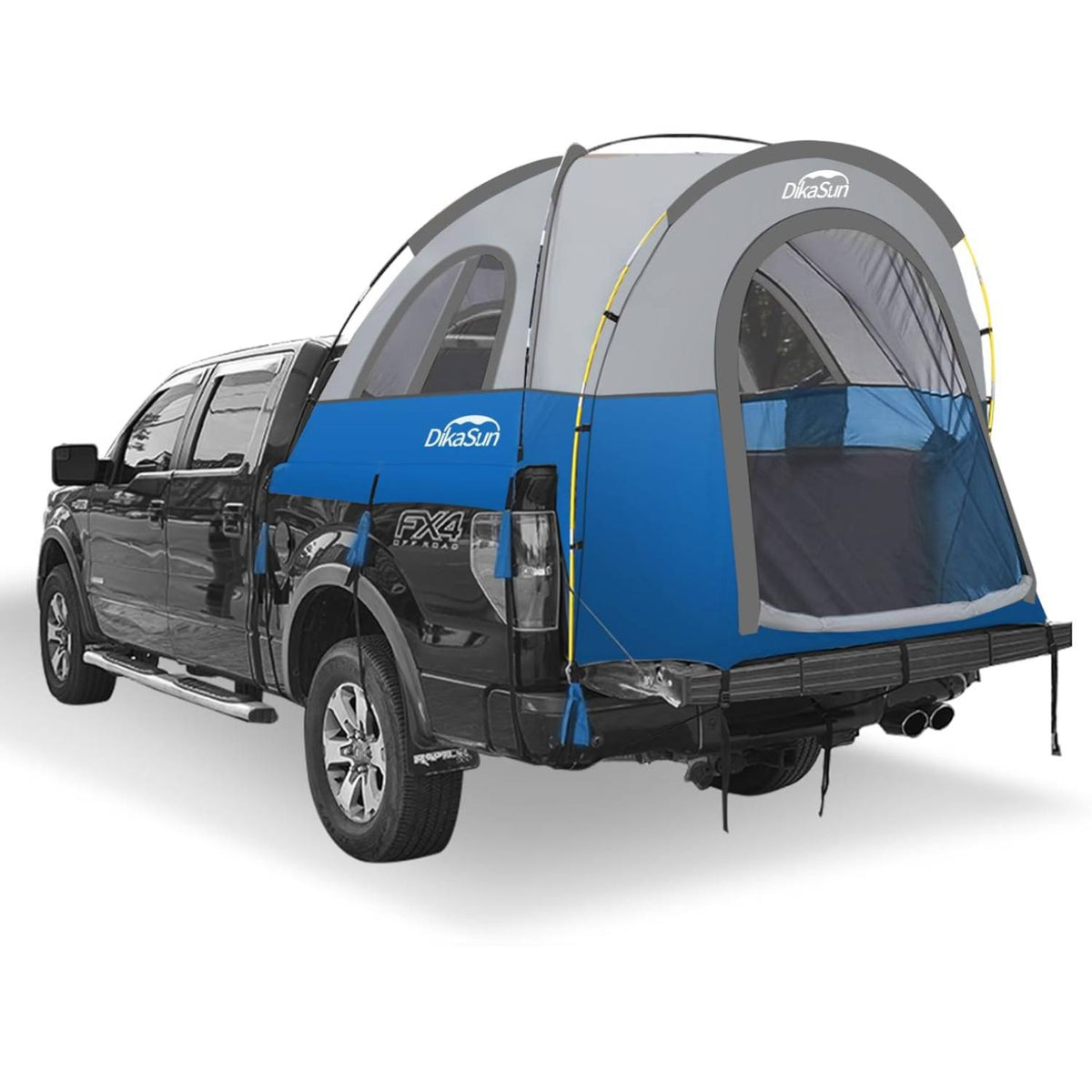 5.5-6.7ft portable pickup truck bed tent blue by Dikasun Outdoor with gray walls and yellow guy lines on Tampa Home & Garden Store