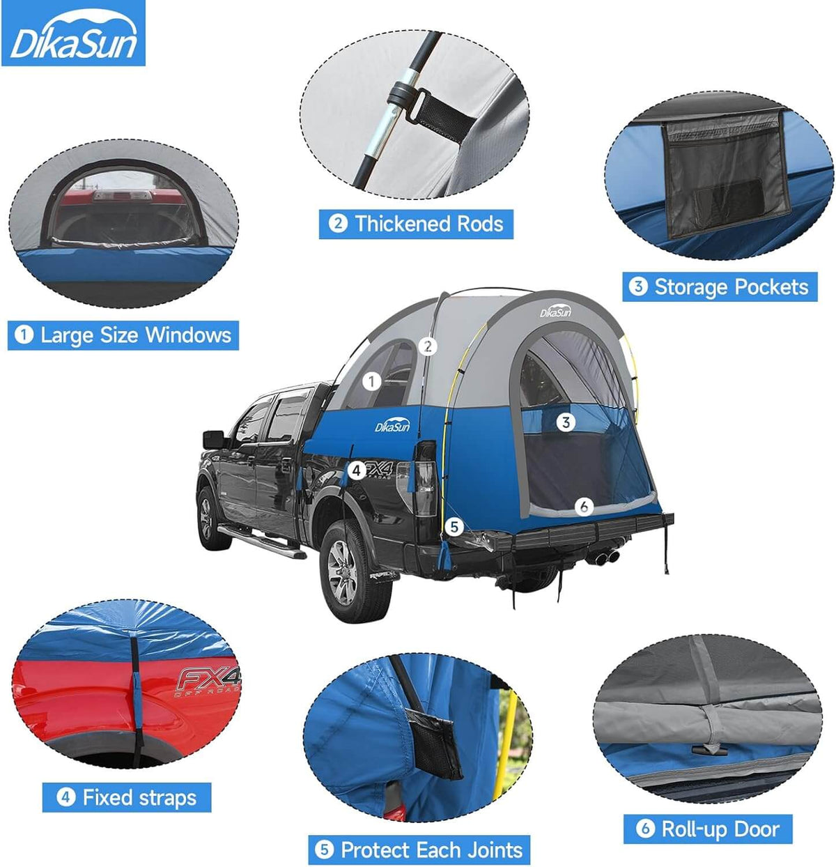 5.5-6.7ft Portable Pickup Truck Bed Tent blue by Dikasun Outdoor with large windows on Tampa Home & Garden Store