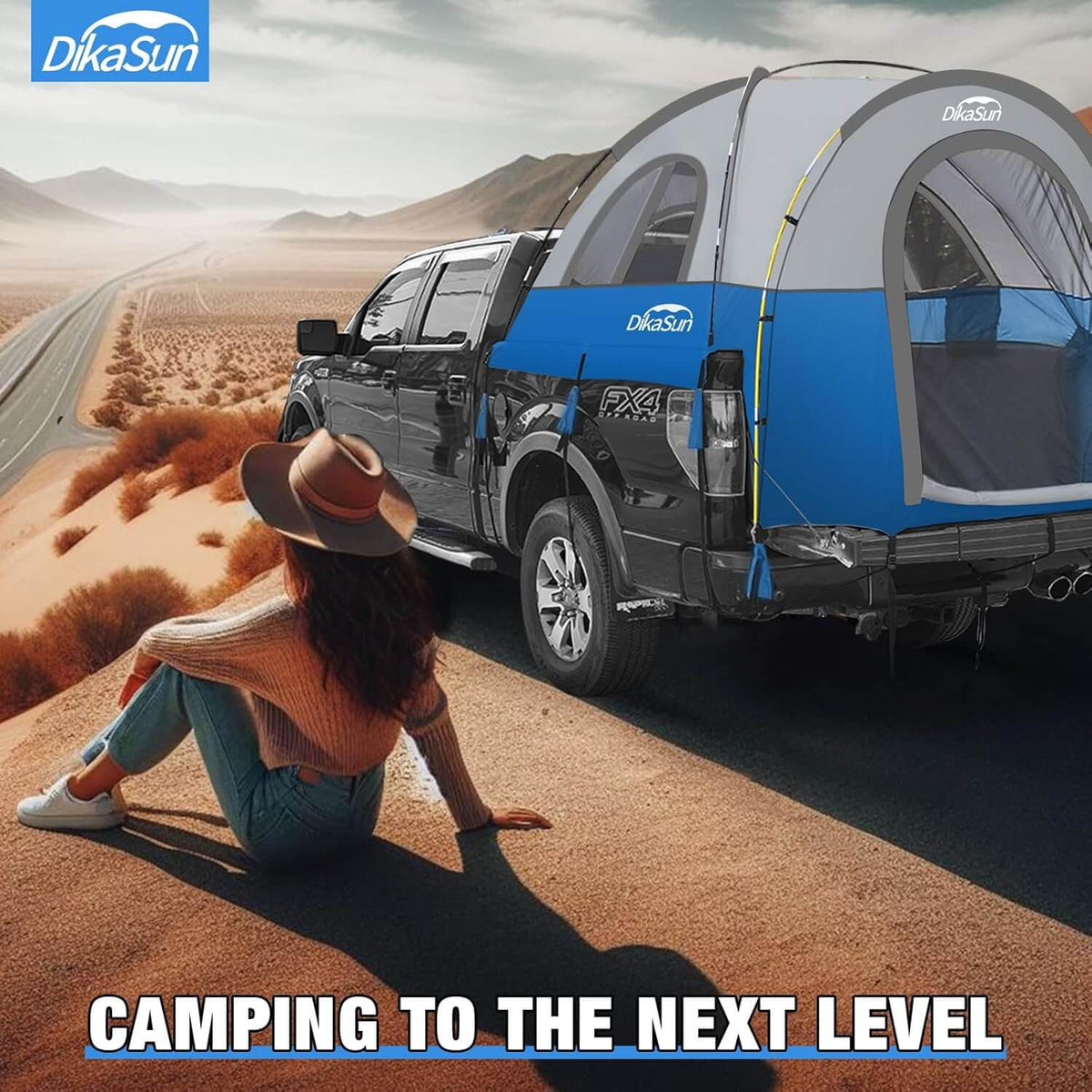 5.5-6.7ft Portable Pickup Truck Bed Tent Blue by Dikasun Outdoor, blue-gray tent mounted on a black pickup in desert on Tampa Home & Garden Store