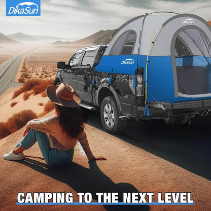 5.5-6.7ft Portable Pickup Truck Bed Tent Blue by Dikasun Outdoor, blue-gray tent mounted on a black pickup in desert on Tampa Home & Garden Store