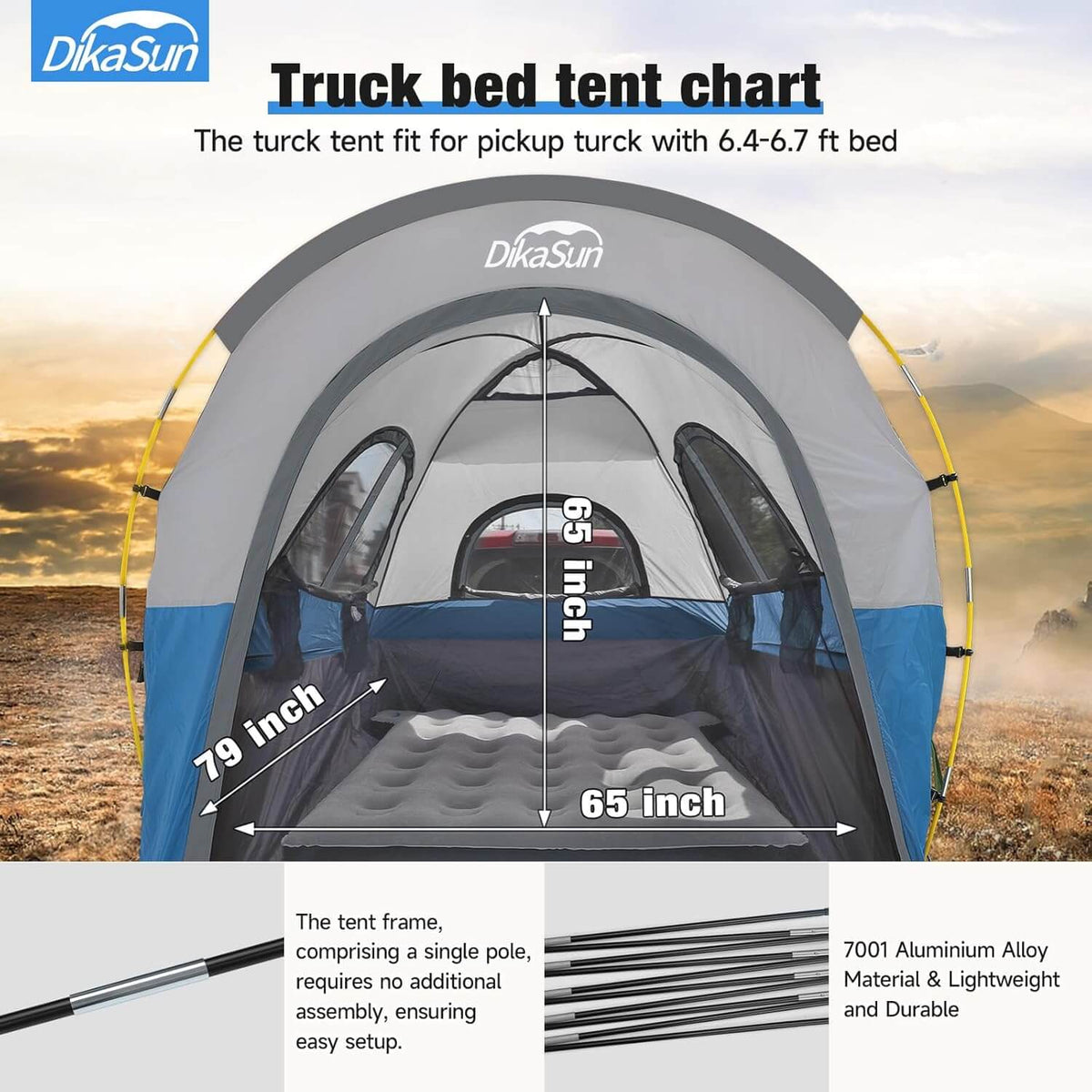 Dikasun Outdoor blue truck bed tent for pickup, yellow frame poles, fits 5.5–6.7 ft beds on Tampa Home & Garden Store