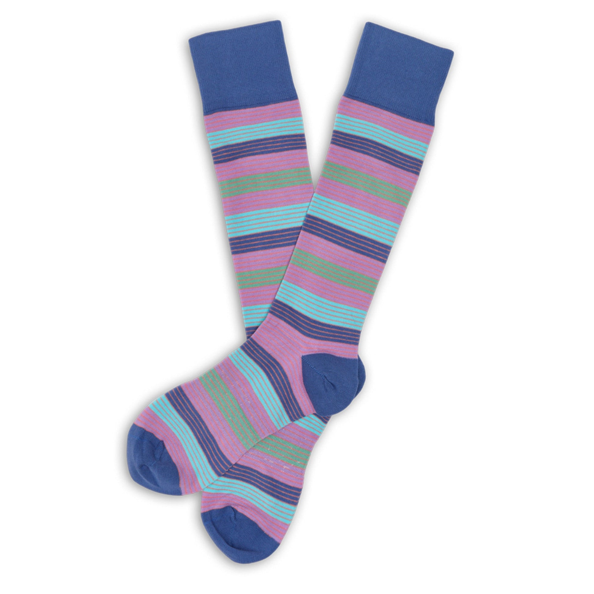 Spectrum Stripes Dress Sock Bundle by DeadSoxy, blue cuffs and multicolor striped socks pair on Tampa Home & Garden Store