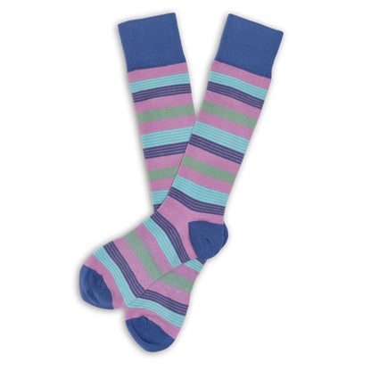Spectrum Stripes Dress Sock Bundle by DeadSoxy, blue cuffs and multicolor striped socks pair on Tampa Home & Garden Store