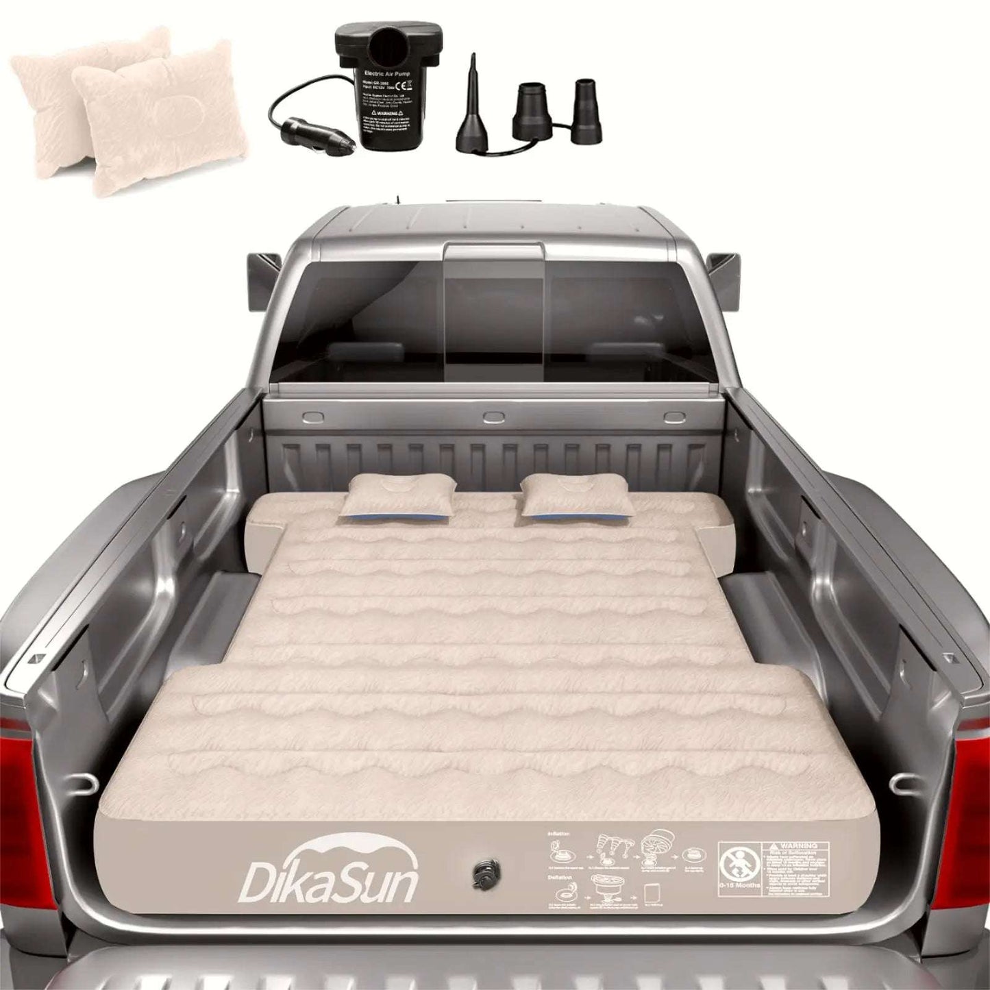 Truck bed air mattress beige by Dikasun Outdoor, 5.5–5.8 ft, includes pump kit in pickup bed on Tampa Home & Garden Store