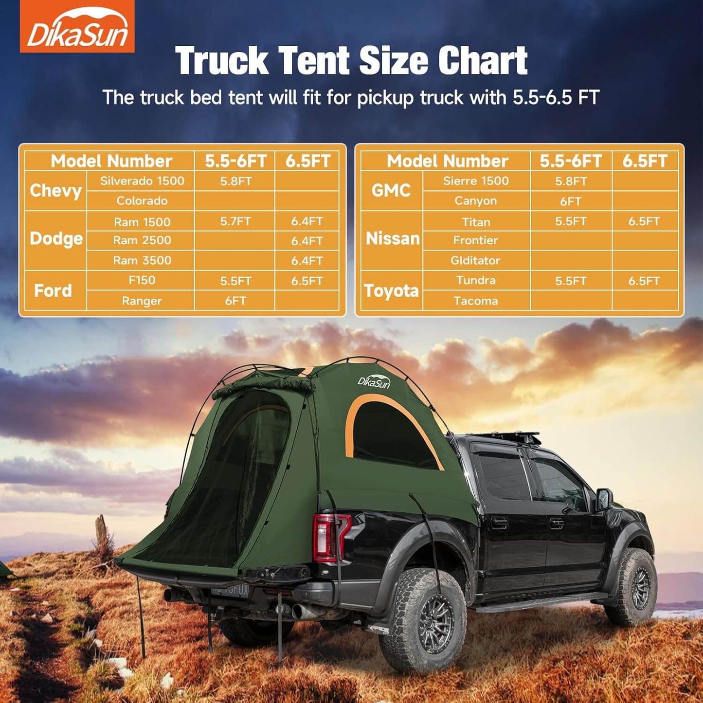 Dikasun Outdoor green pickup truck bed tent 5.5-6.7ft with easy setup on pickup truck on Tampa Home & Garden Store
