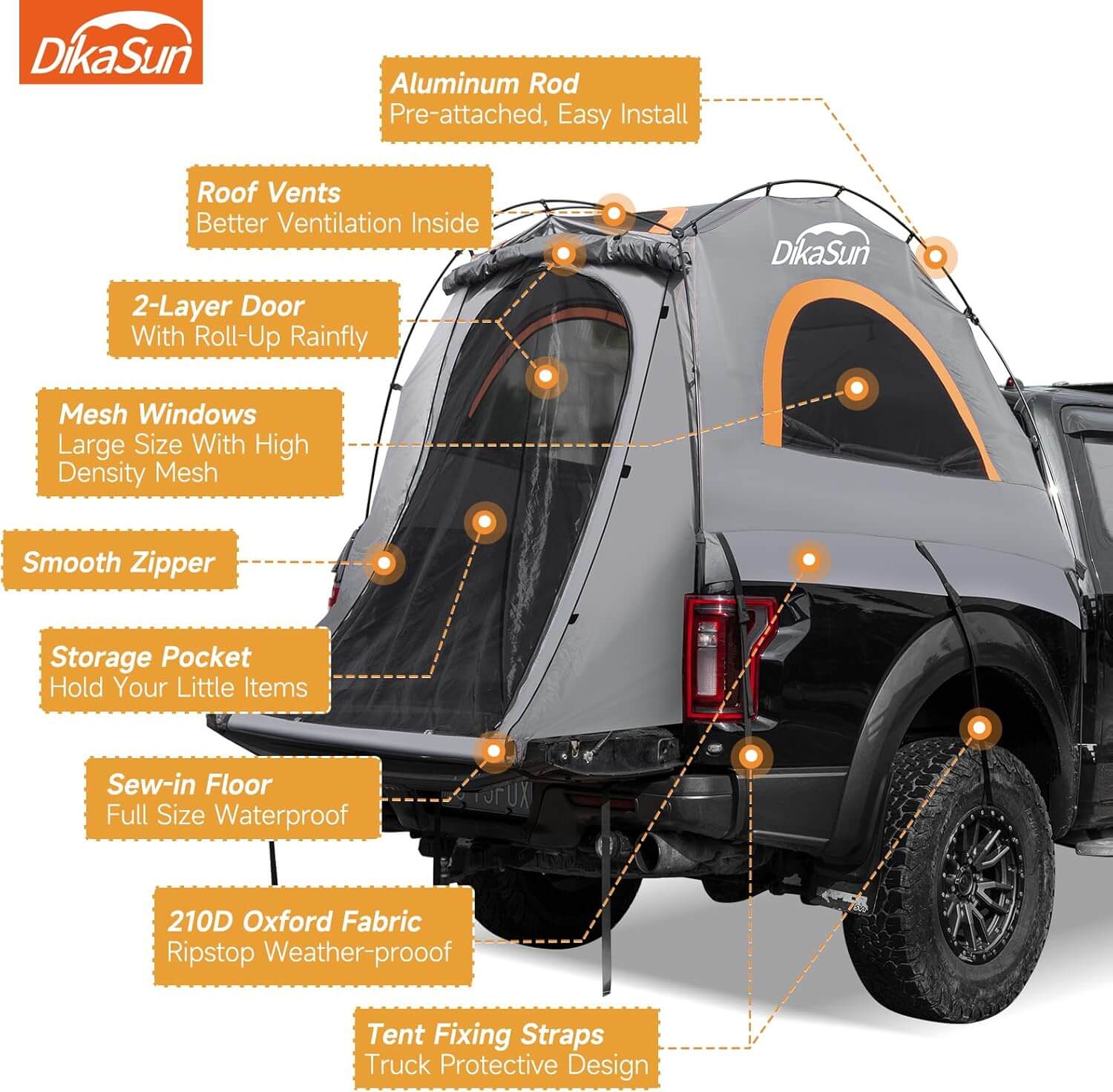 5.5-6.7ft Dikasun Outdoor Truck Bed Tent, green with pre-attached aluminum rod on Tampa Home & Garden Store