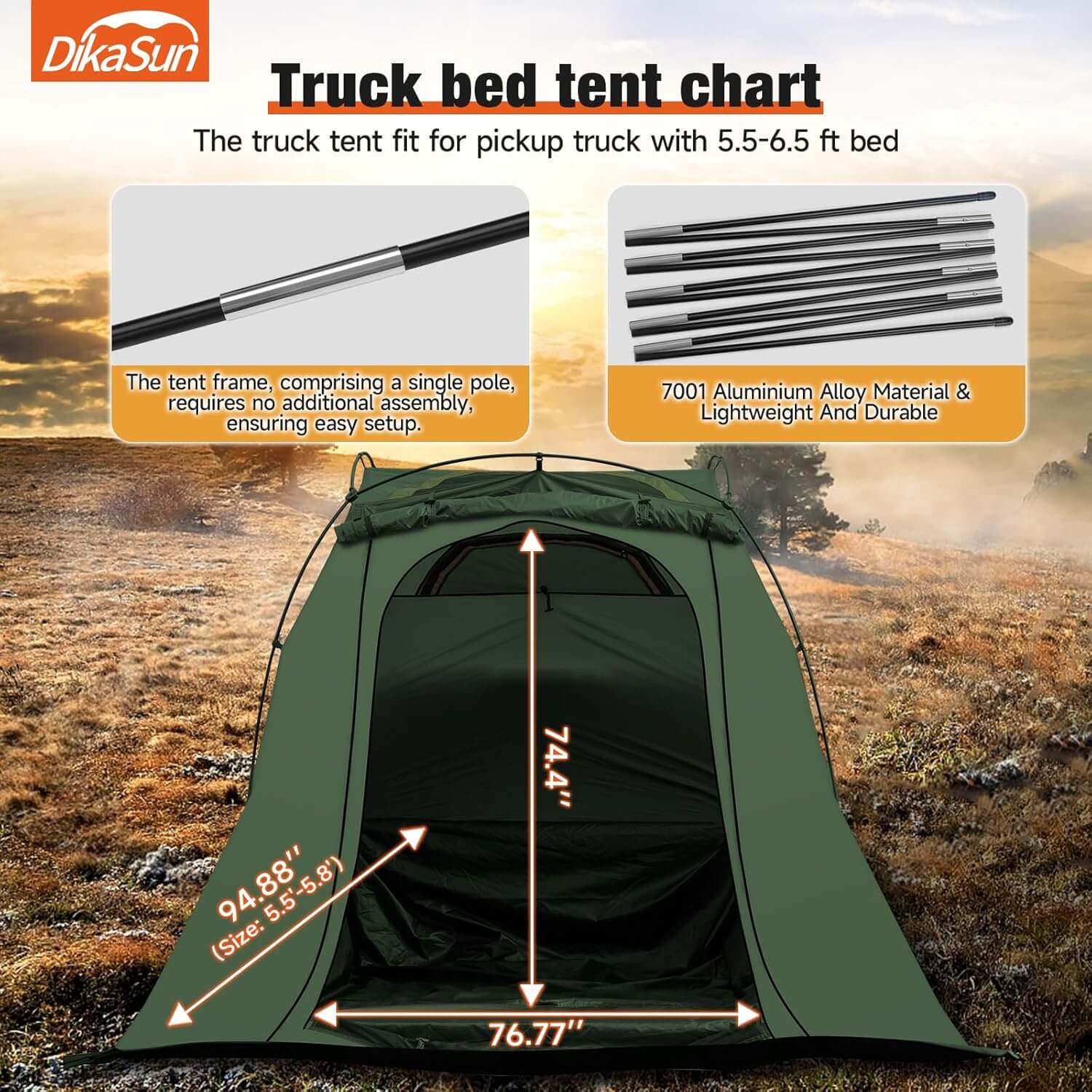 Dikasun Outdoor green truck bed tent for 5.5–6.7 ft beds with aluminum alloy poles on Tampa Home & Garden Store