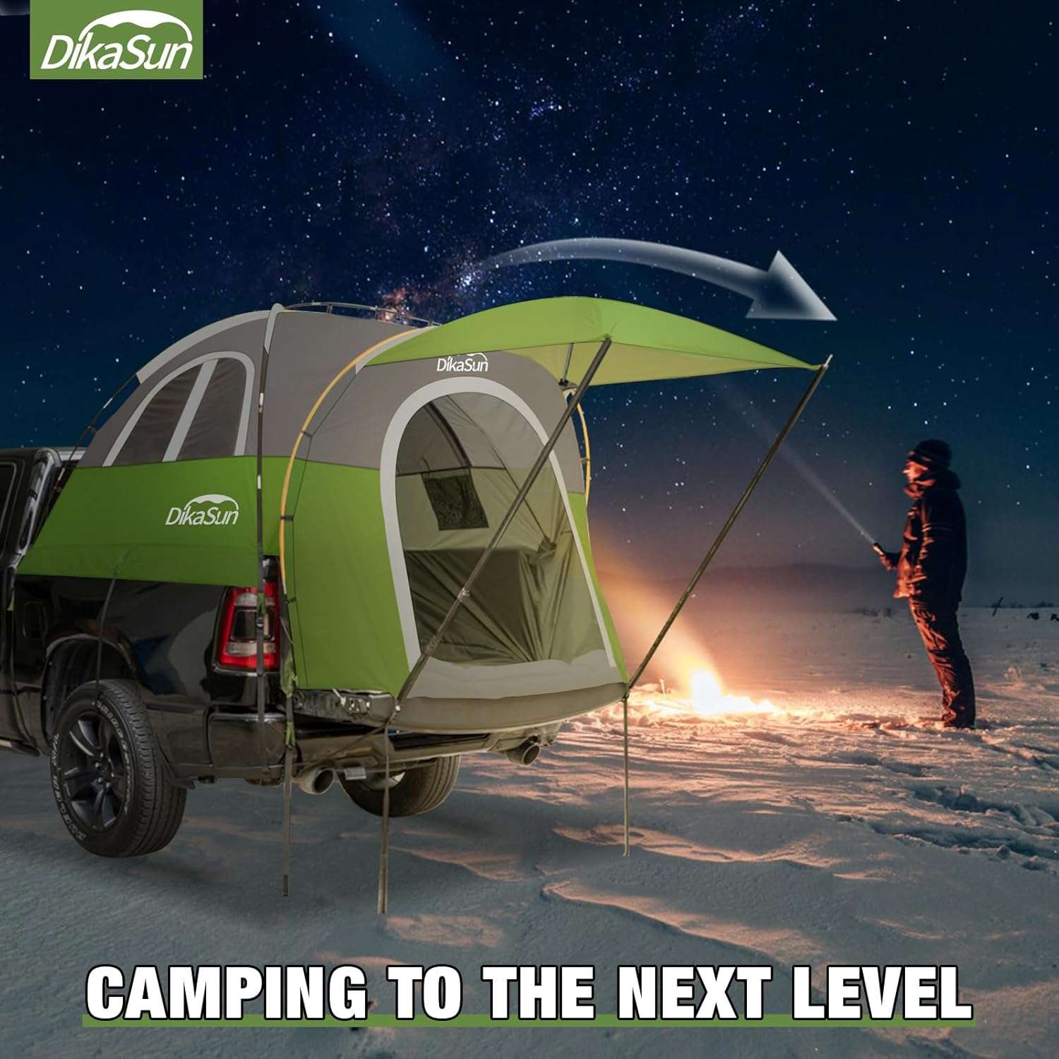 Dikasun Outdoor pickup bed tent with green awning attached to a gray-green tent on a pickup on Tampa Home & Garden Store