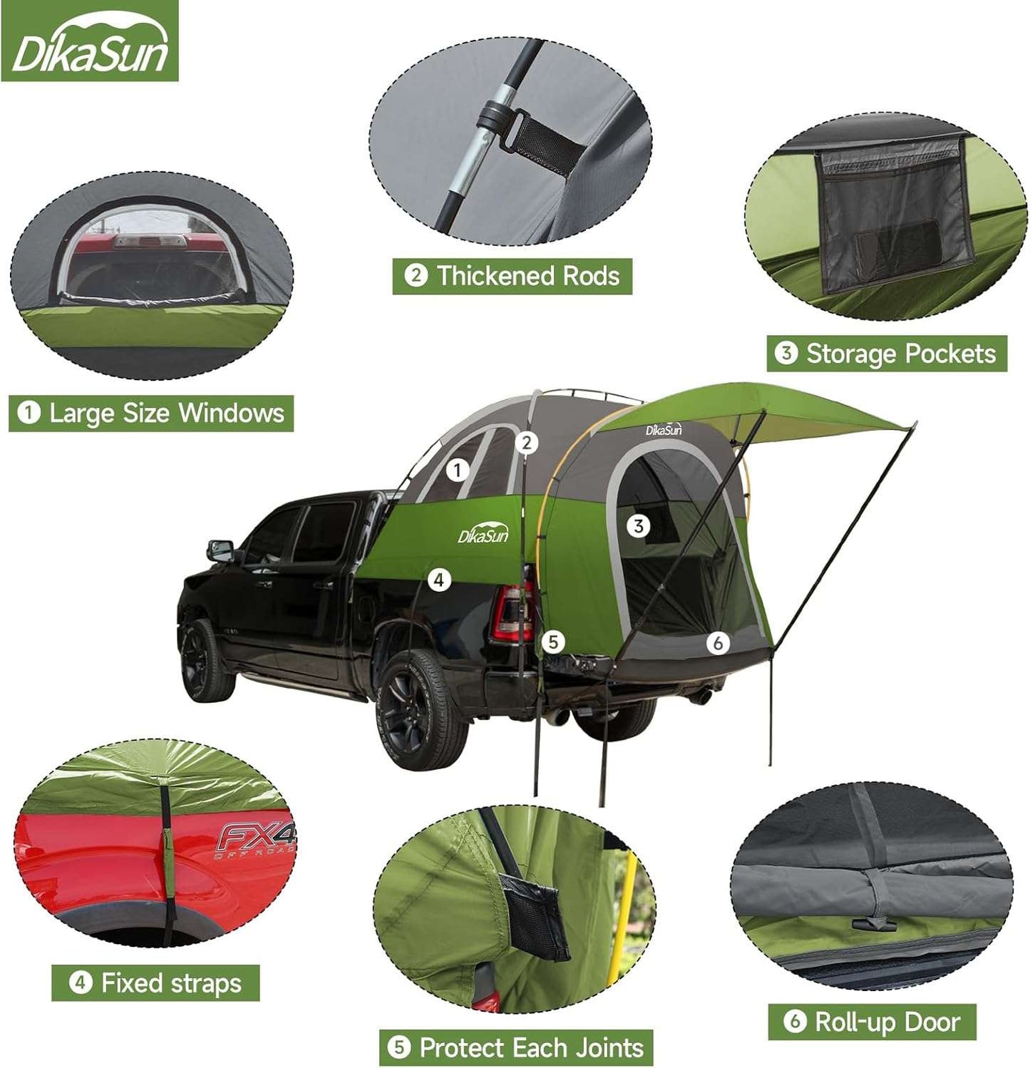 5.5-6.7ft pickup truck bed tent by Dikasun Outdoor in green awning on Tampa Home & Garden Store