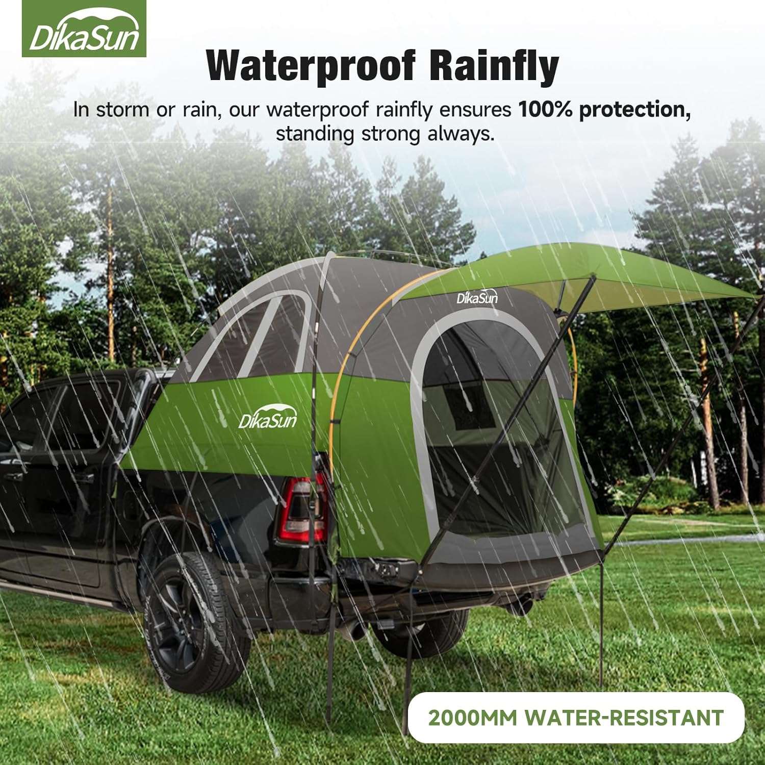 Pickup bed tent with green awning by Dikasun Outdoor, 5.5-6.7ft, mounted on a rainy truck on Tampa Home & Garden Store