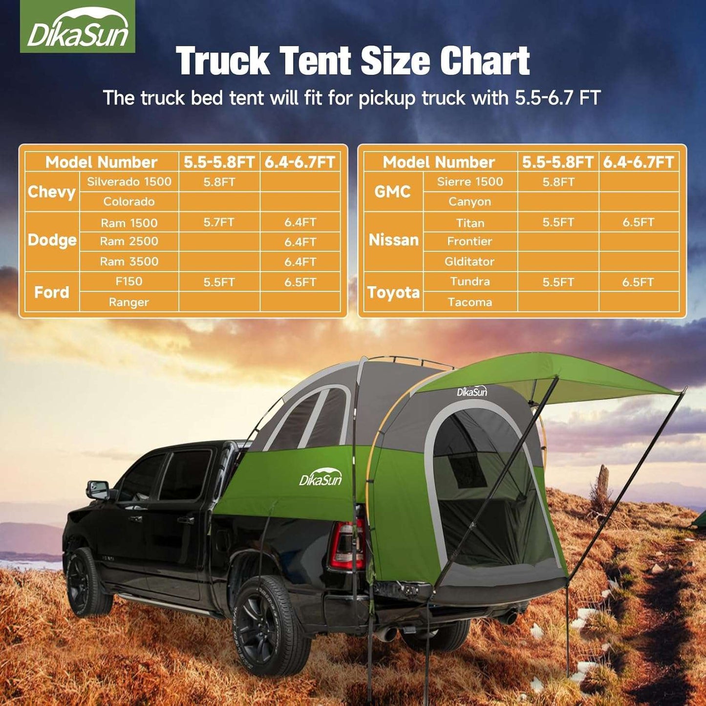 5.5-6.7ft pickup truck bed tent with green awning by Dikasun Outdoor on a black pickup on Tampa Home & Garden Store