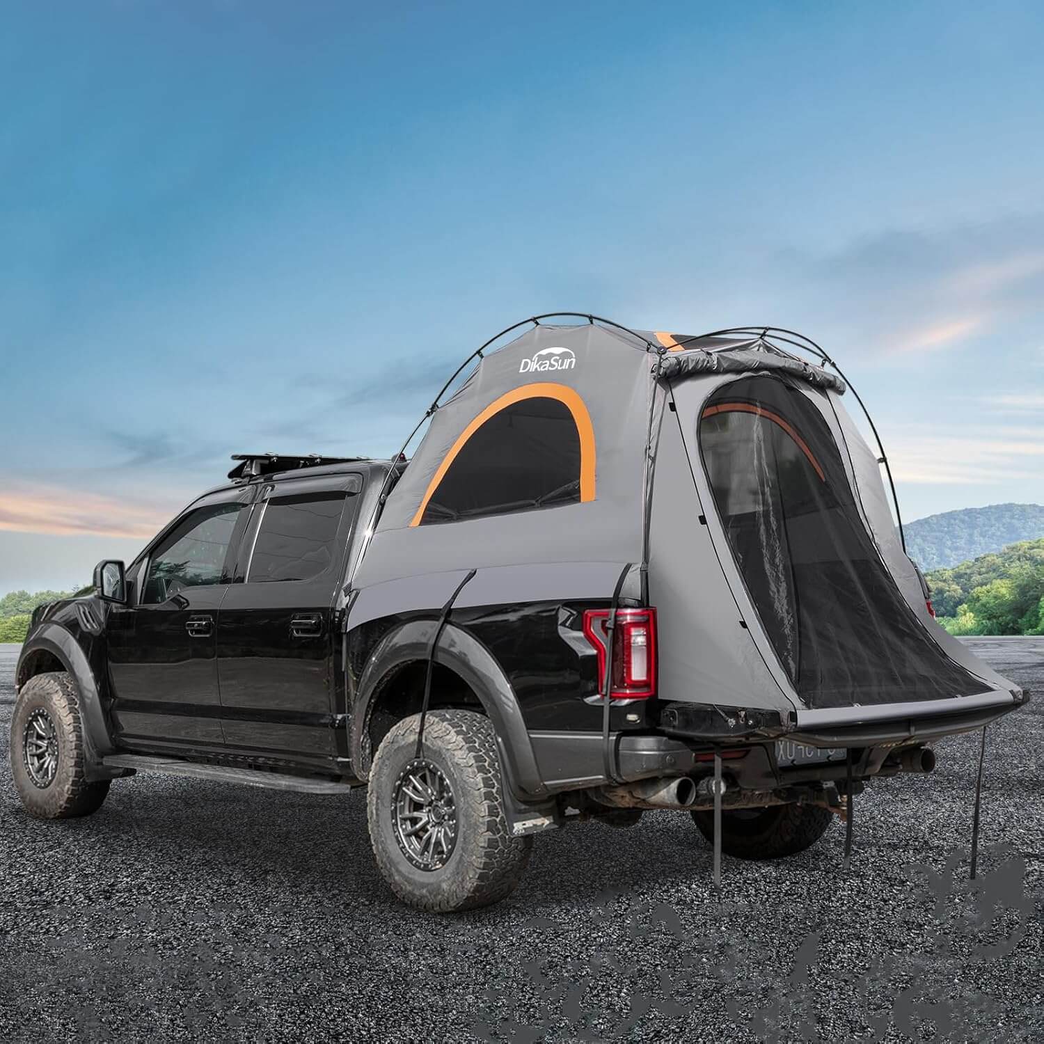 5.5-6.7ft Easy Setup Pickup Truck Bed Tent Gray by Dikasun Outdoor with orange window trim on Tampa Home & Garden Store