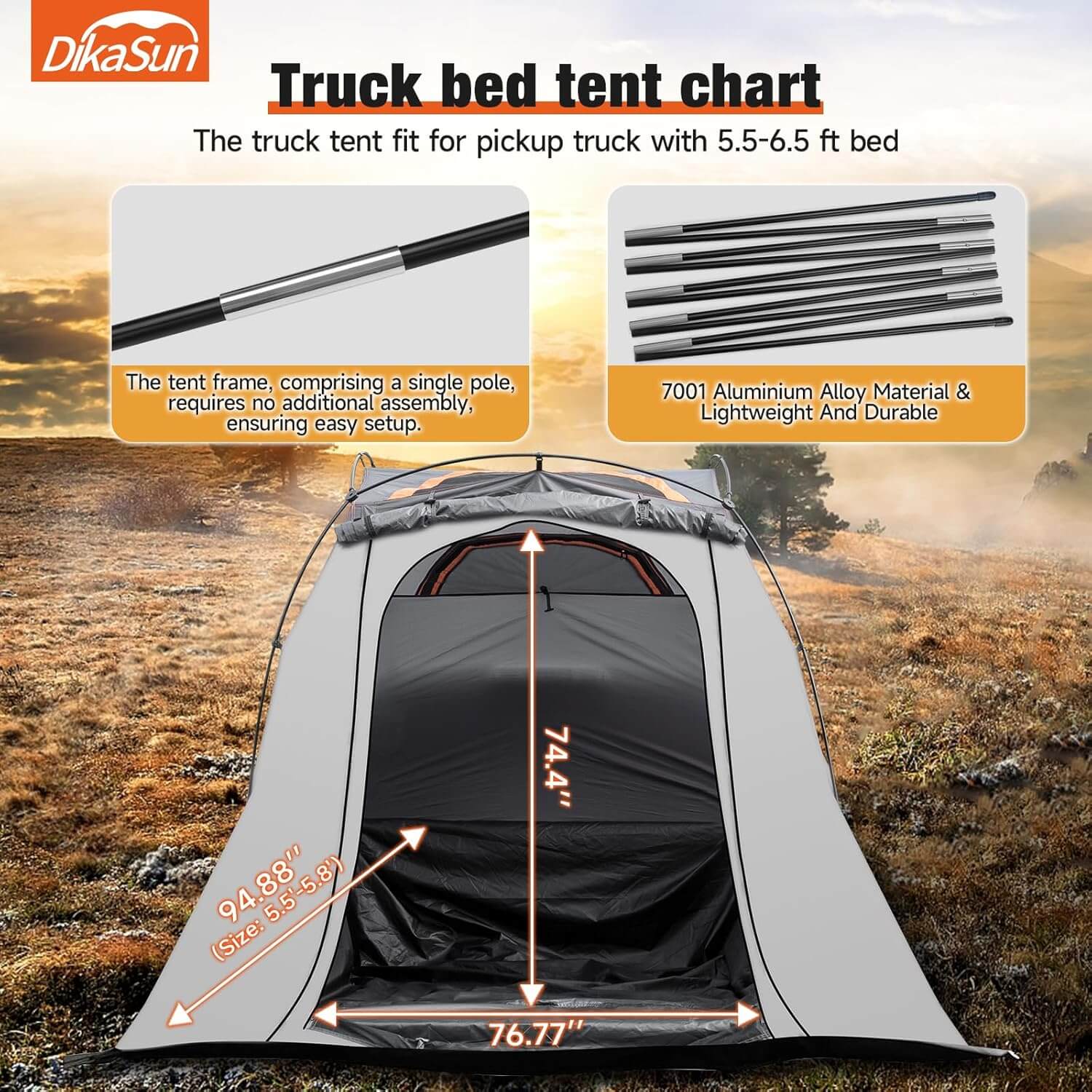 Dikasun Outdoor gray truck bed tent, easy setup with aluminum poles, fits 5.5–6.5 ft pickup beds on Tampa Home & Garden Store