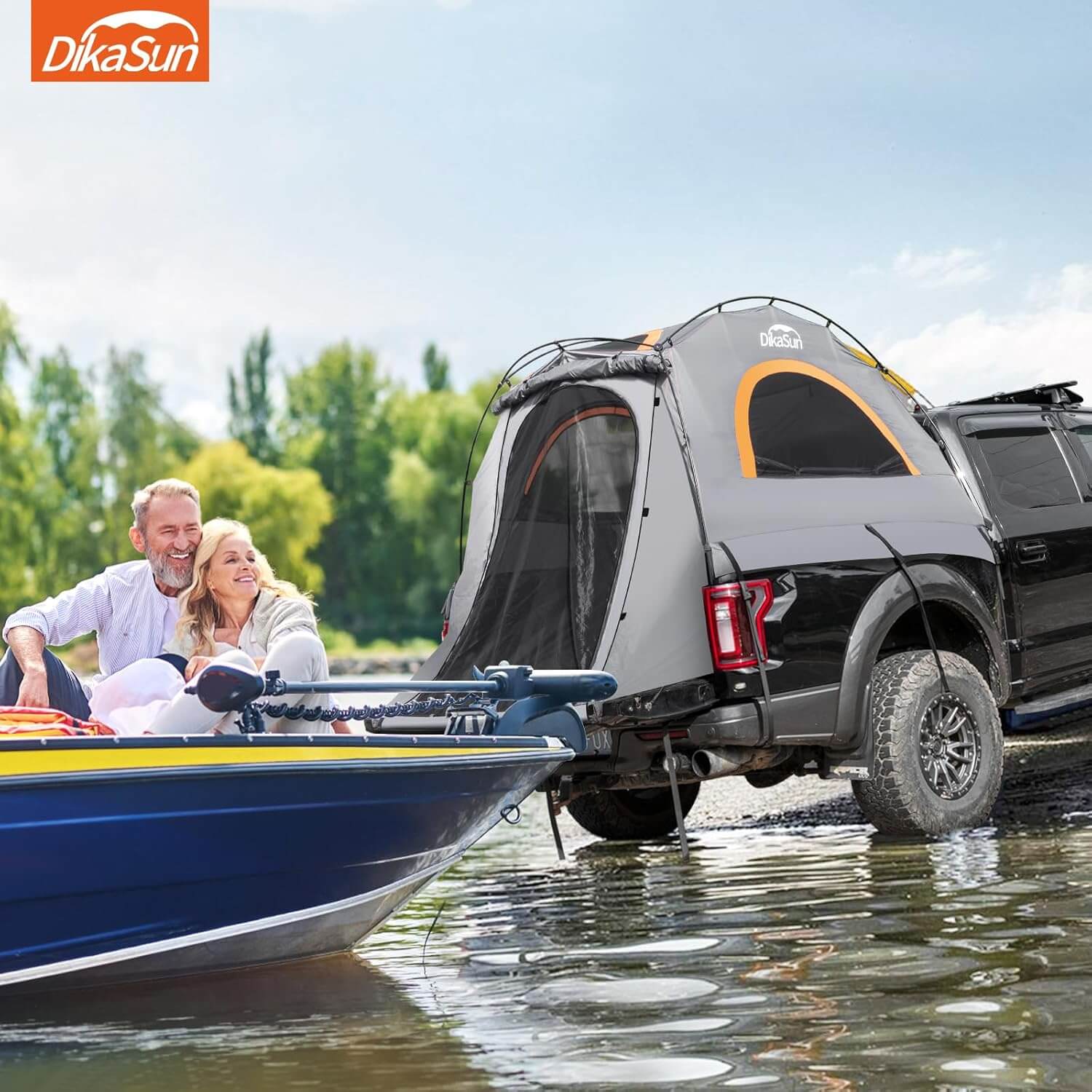 Dikasun Outdoor 5.5-6.7ft gray pickup truck bed tent, easy setup, mounted on pickup by a boat on Tampa Home & Garden Store
