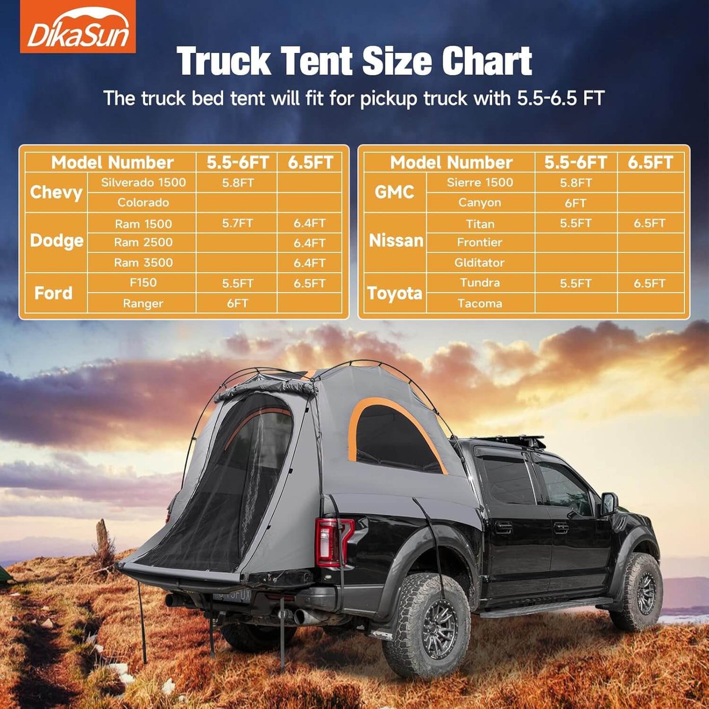 Pickup Truck Bed Tent Gray by Dikasun Outdoor, 5.5-6.7ft, easy setup on Tampa Home & Garden Store