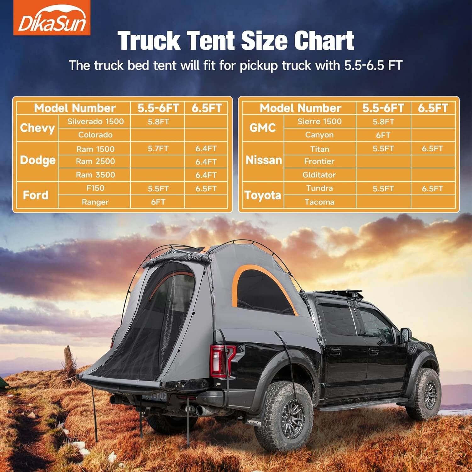 Pickup Truck Bed Tent Gray by Dikasun Outdoor, 5.5-6.7ft, easy setup on Tampa Home & Garden Store