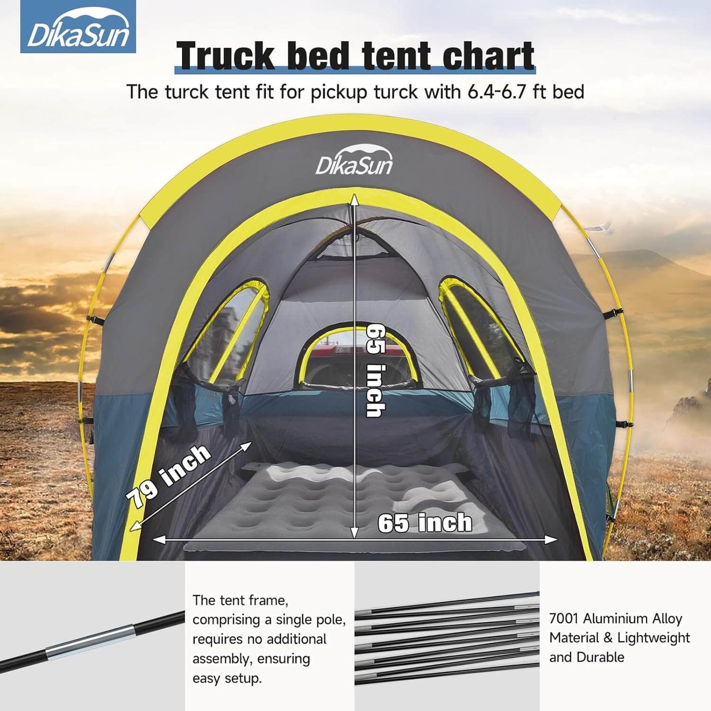 Truck bed tent by Dikasun Outdoor for 5.5-6.7 ft pickups, navy awning, gray body, neon trim on Tampa Home & Garden Store