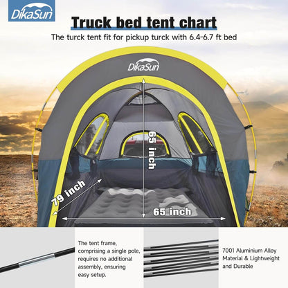 Truck bed tent by Dikasun Outdoor for 5.5-6.7 ft pickups, navy awning, gray body, neon trim on Tampa Home & Garden Store