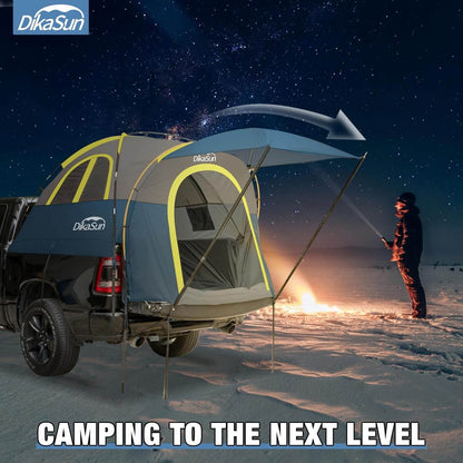 Dikasun Outdoor 5.5-6.7ft pickup truck bed tent with navy fabric and blue awning on Tampa Home & Garden Store