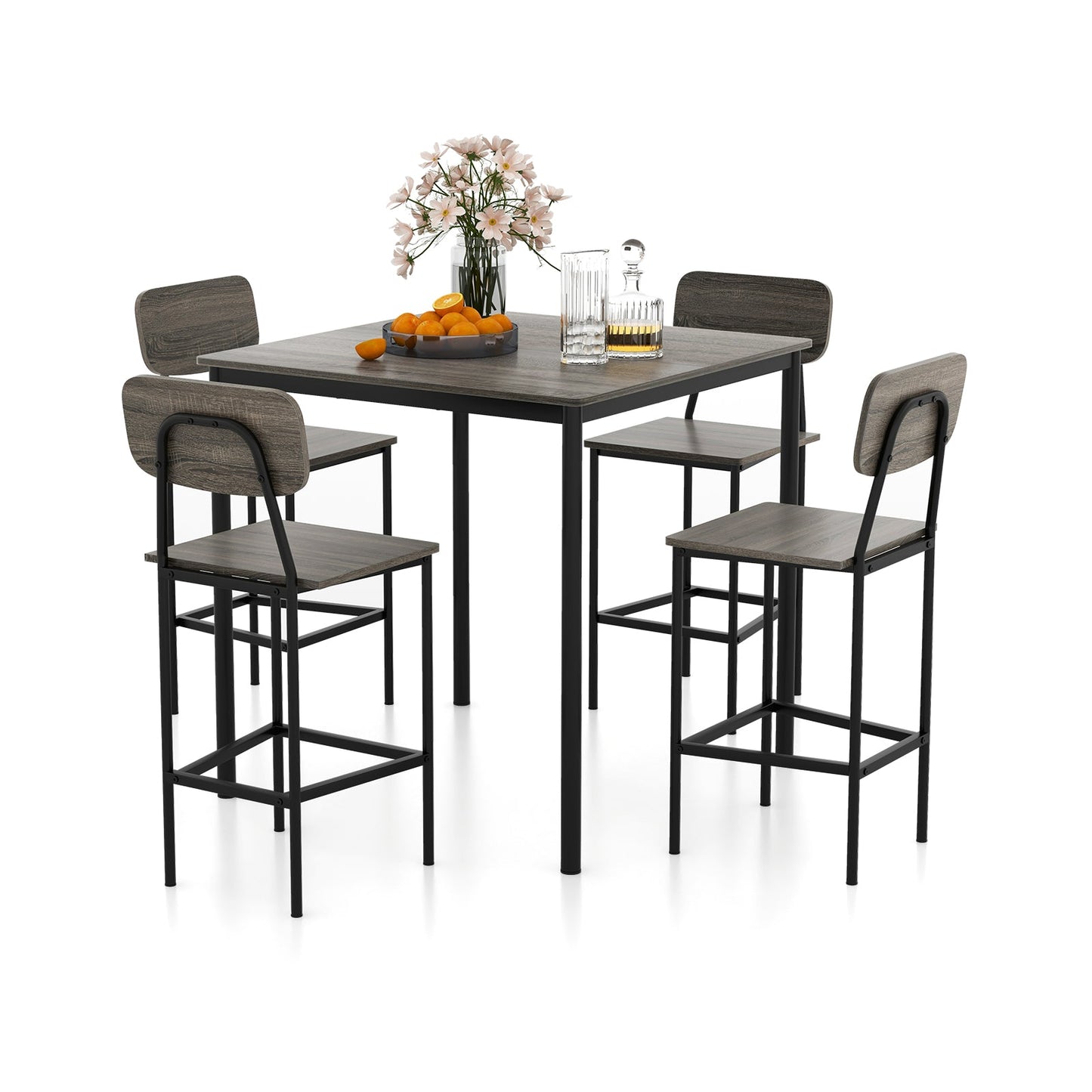 5-Piece Industrial Dining Table Set with Counter Height Table and 4 Bar Stools-Teak